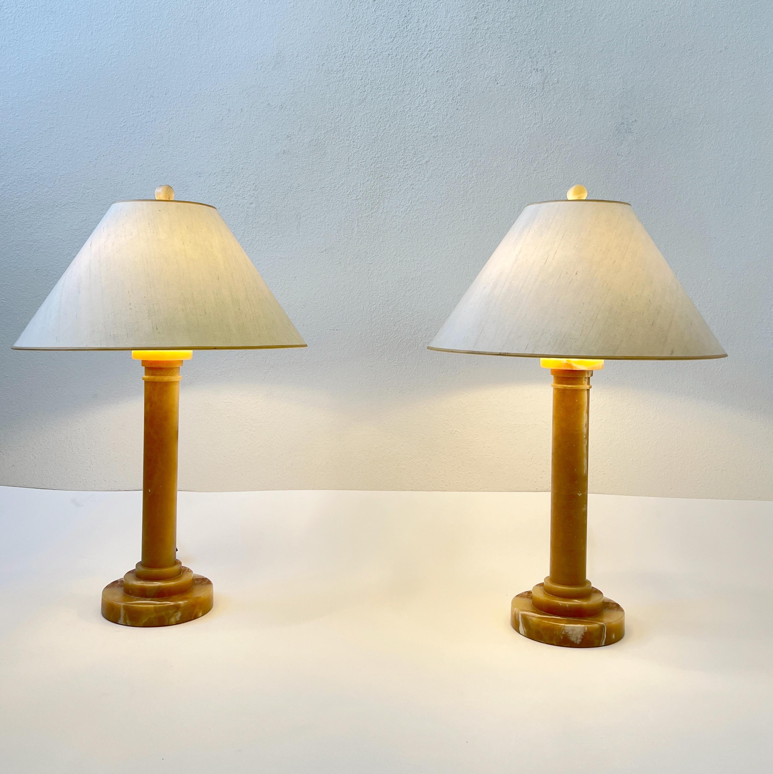 Modern Pair of Alabaster and Bronze Column Table Lamps by Donghia