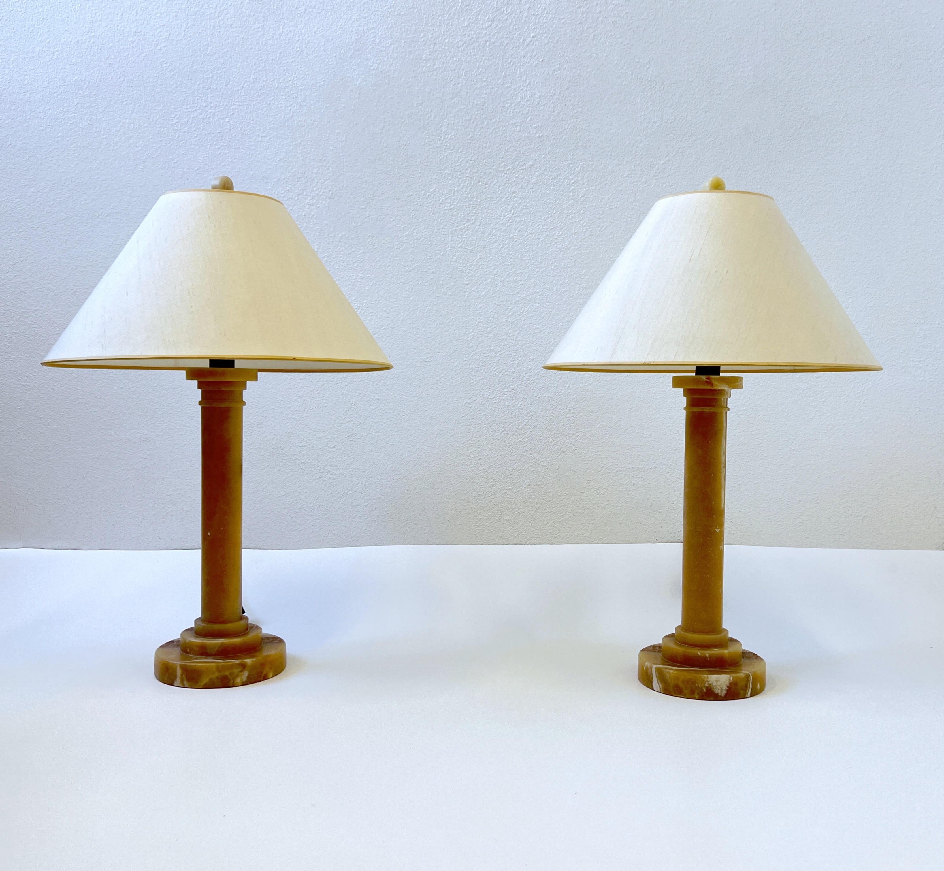 American Pair of Alabaster and Bronze Column Table Lamps by Donghia