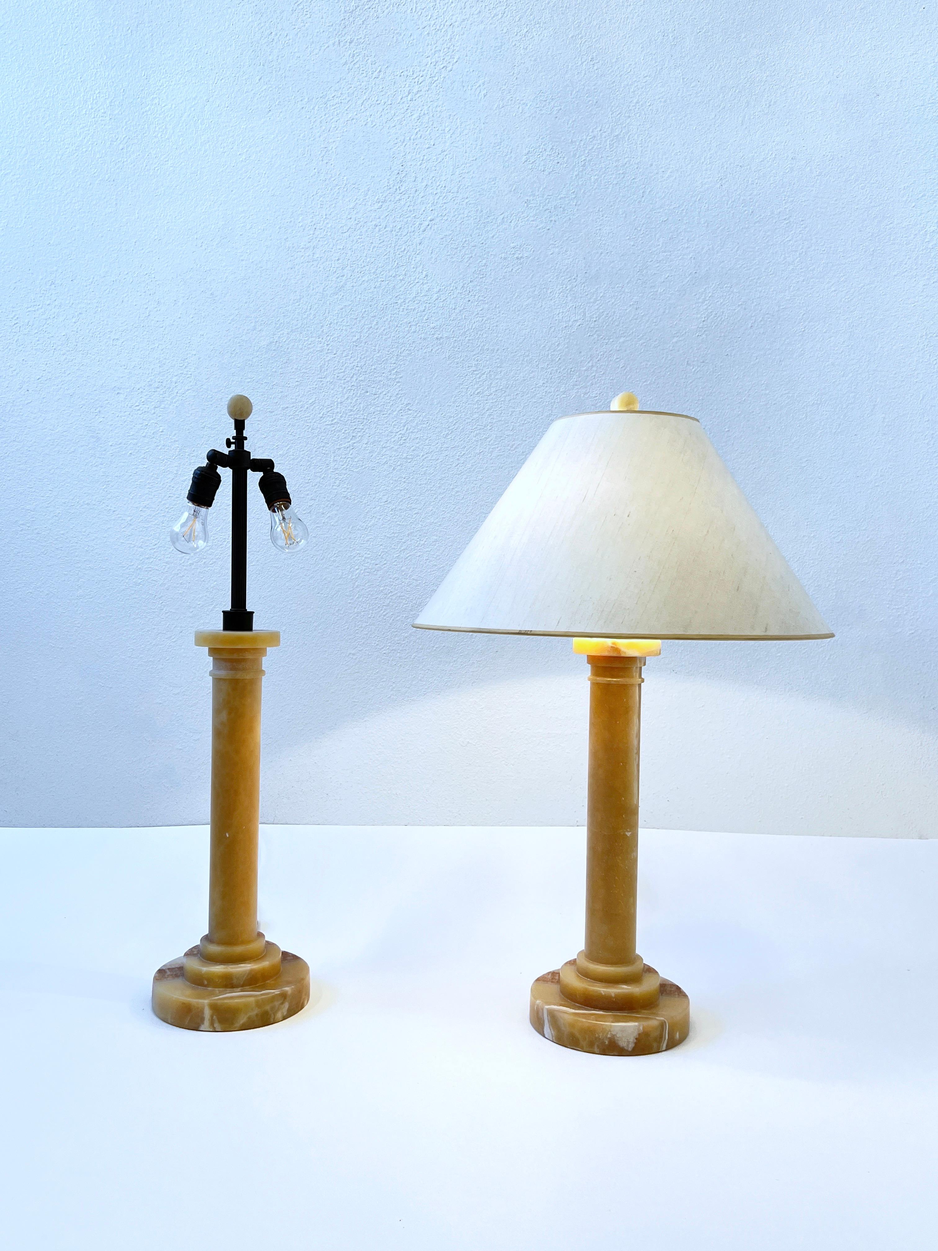 Pair of Alabaster and Bronze Column Table Lamps by Donghia In Good Condition In Palm Springs, CA