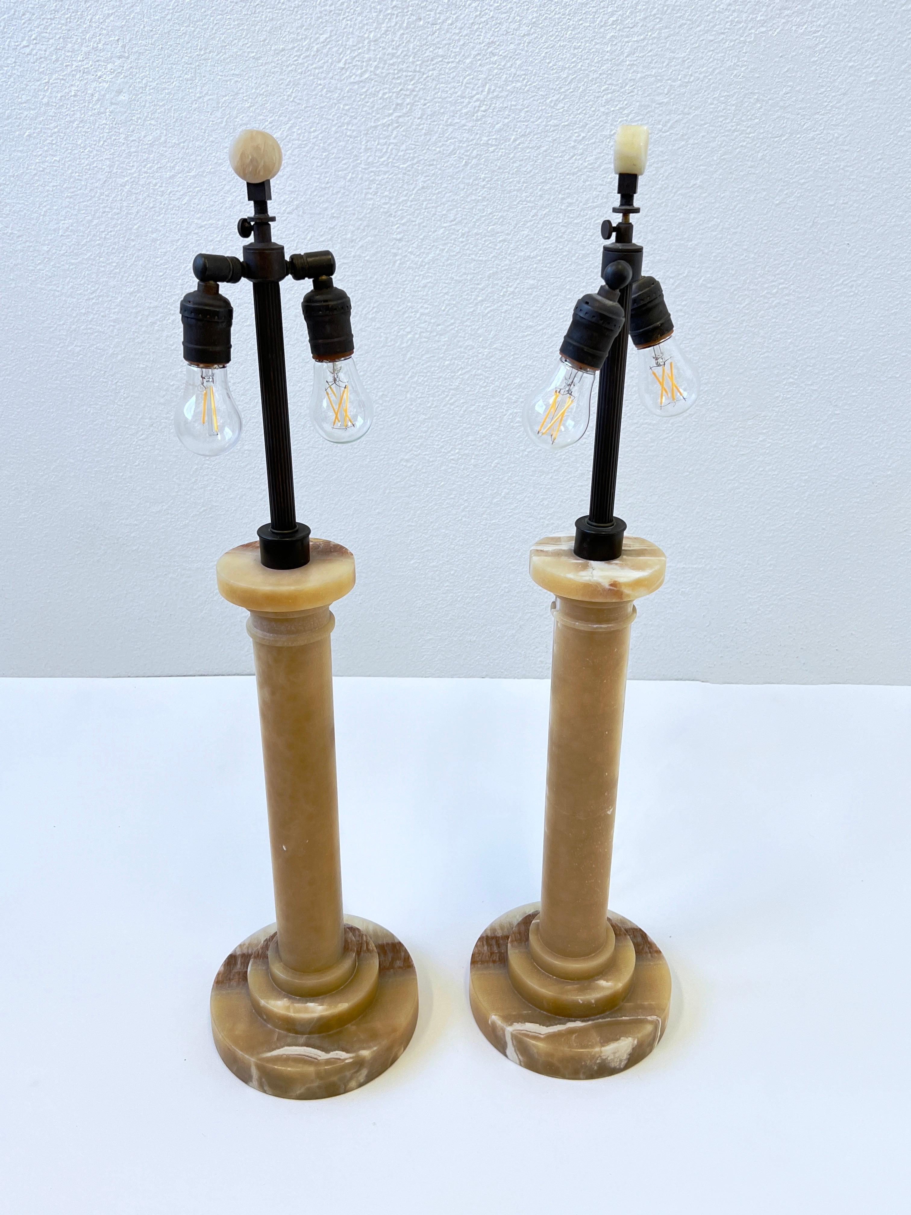 Late 20th Century Pair of Alabaster and Bronze Column Table Lamps by Donghia
