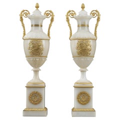 Pair of Alabaster and Gilt Bronze Covered Vases