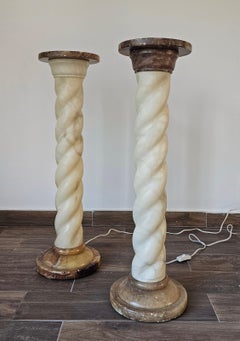Pair of Alabaster and Marble Twisted Column shaped floor lamps, France 1960s