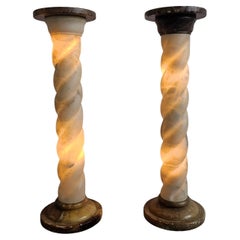 Pair of Alabaster and Marble Twisted Column shaped floor lamps, France 1960s