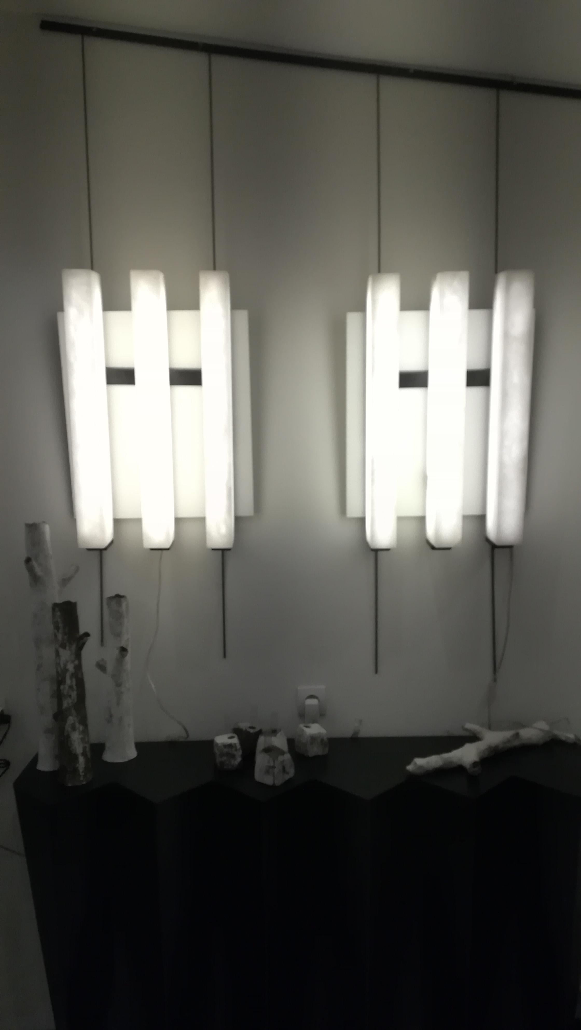 Pair of Alabaster and Metal 3 lights Sconces 1