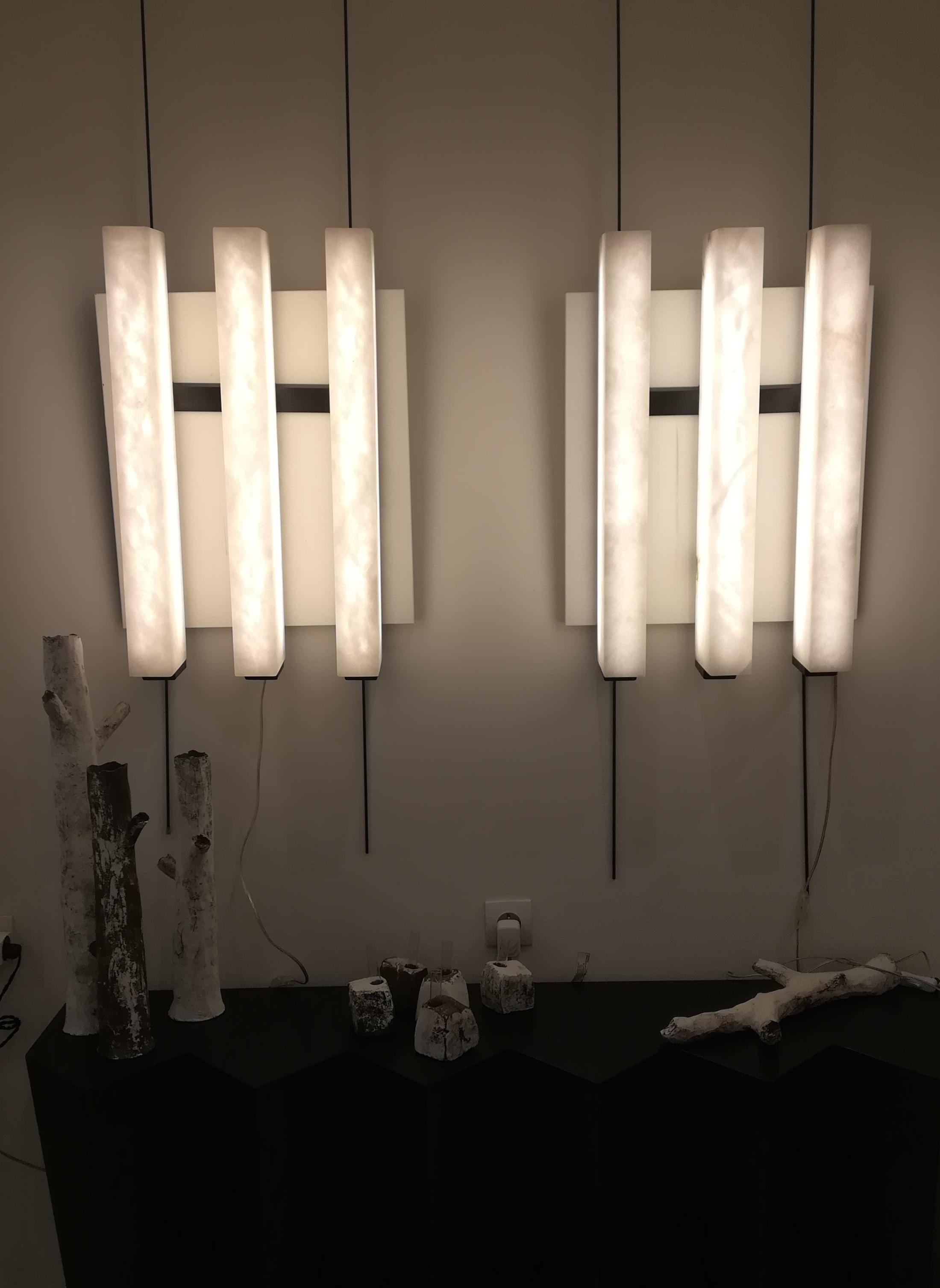 Pair of Alabaster and Metal 3 lights Sconces 2
