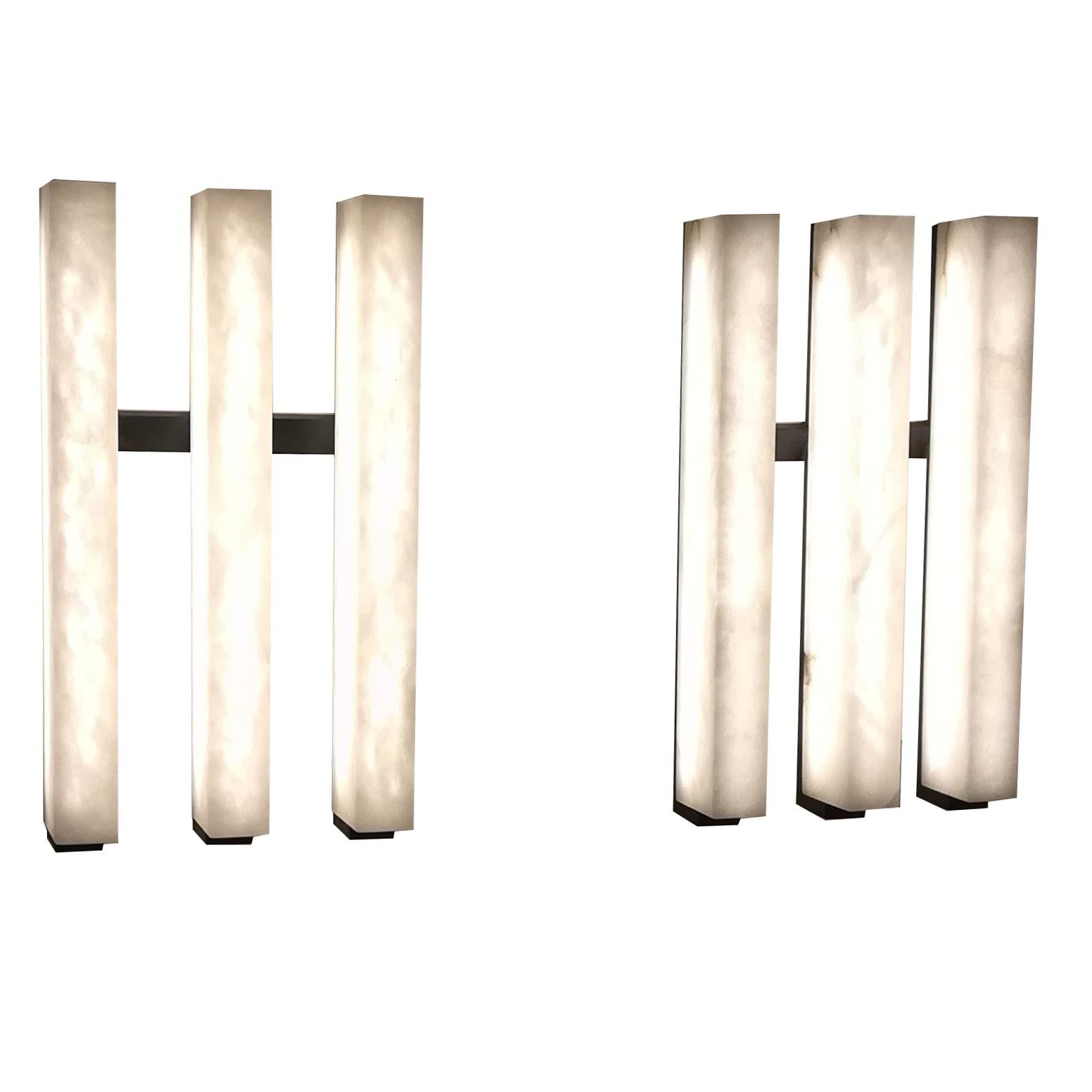 Pair of Alabaster and Metal 3 lights Sconces