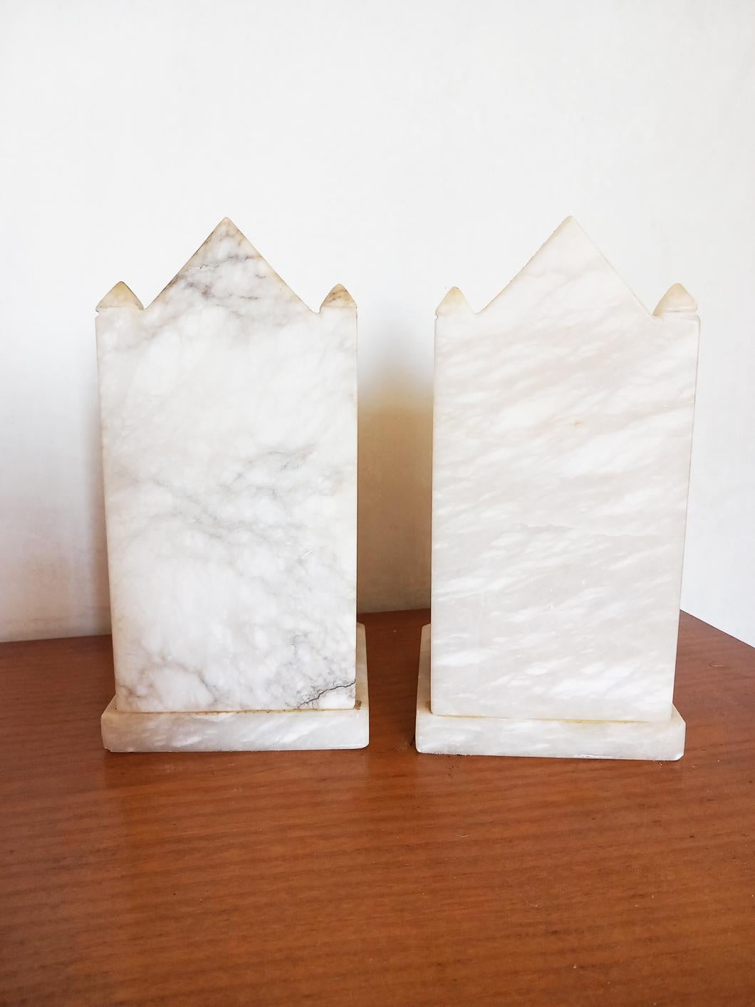 Carved Pair of Alabaster Bookends in Form of Medieval Library Very Original
