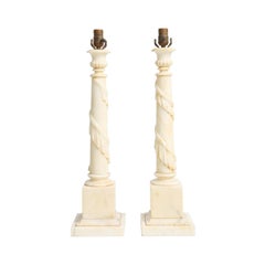 Pair of Alabaster Column Lamps Carved with Swags Pair of Alabaster Column Lamps Carved with Swags