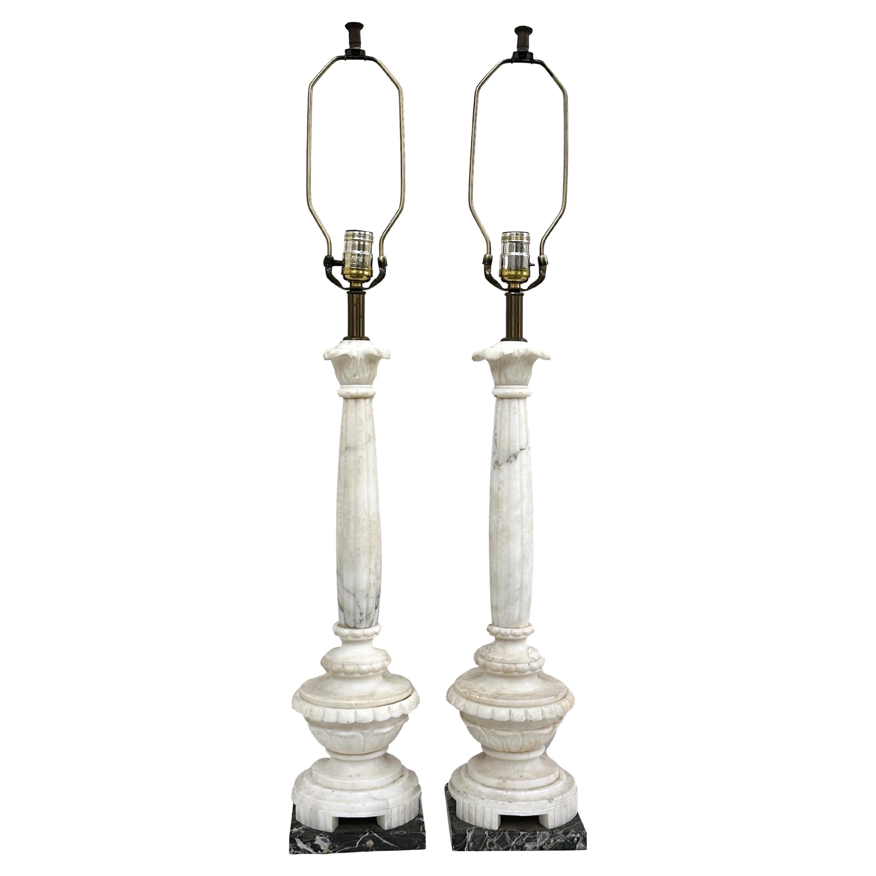 Pair of Alabaster Column Table Lamps For Sale