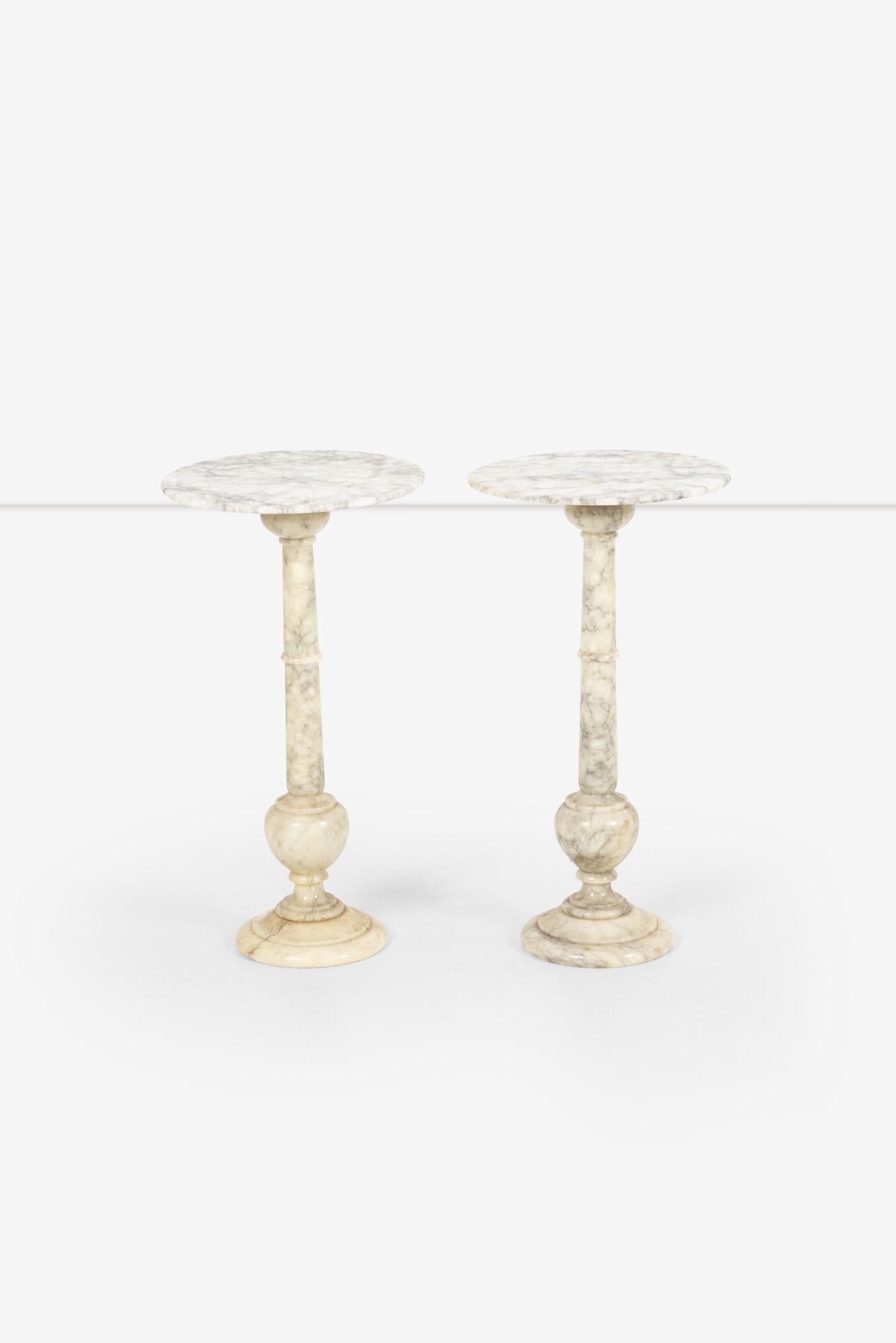 Pair of Alabaster end tables or plant or display collums.
Hand carved highly figured Alabaster made in Italy.