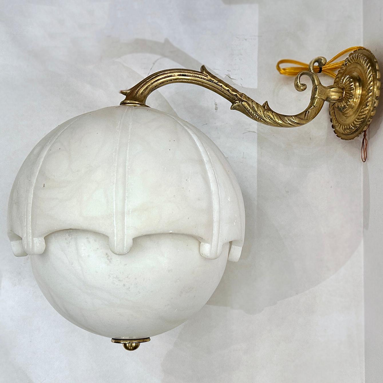 Bronze Pair of Alabaster Globe Sconces For Sale