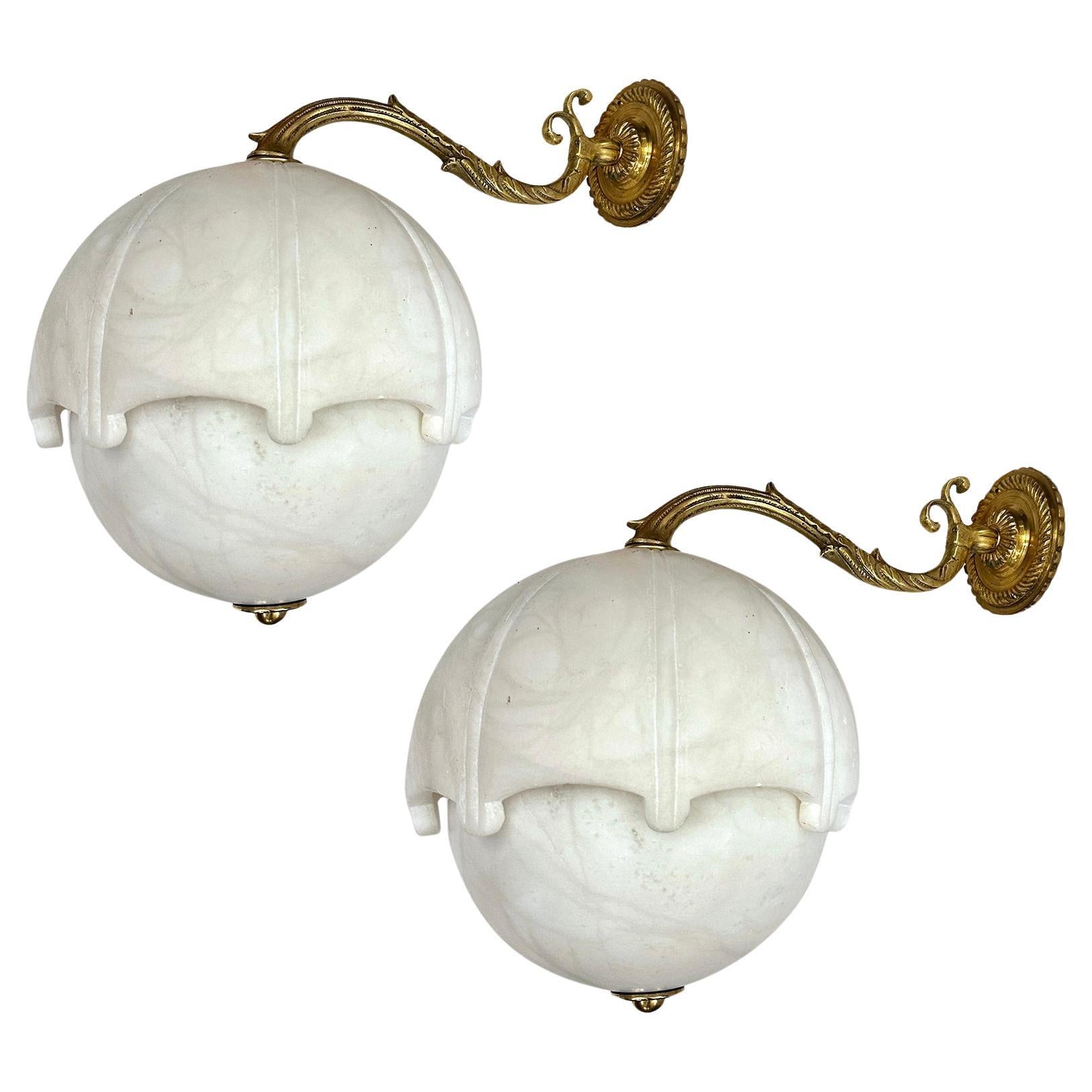 Pair of Alabaster Globe Sconces For Sale