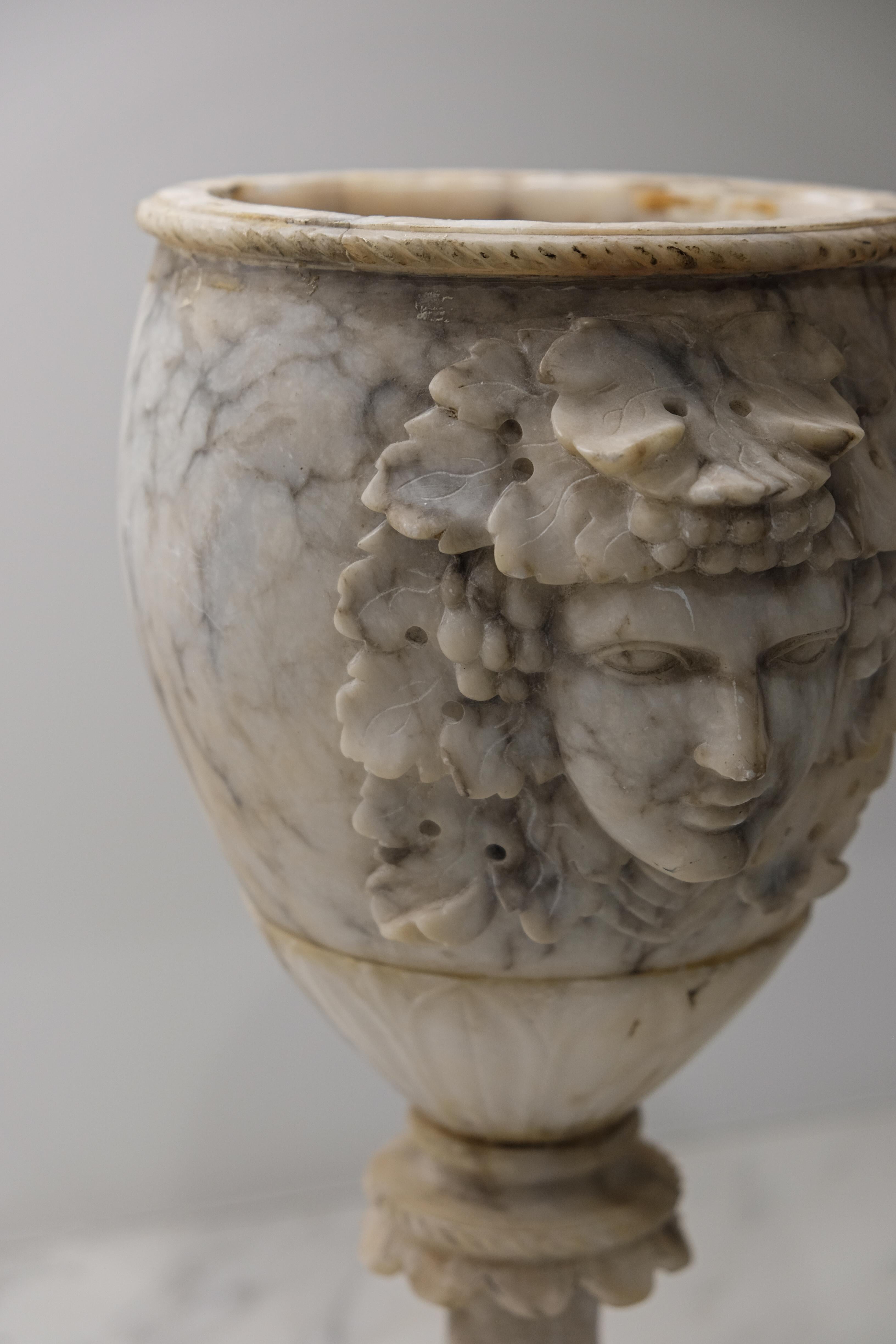 Hand-Carved Pair of Alabaster Goblets with Dionysus Heads