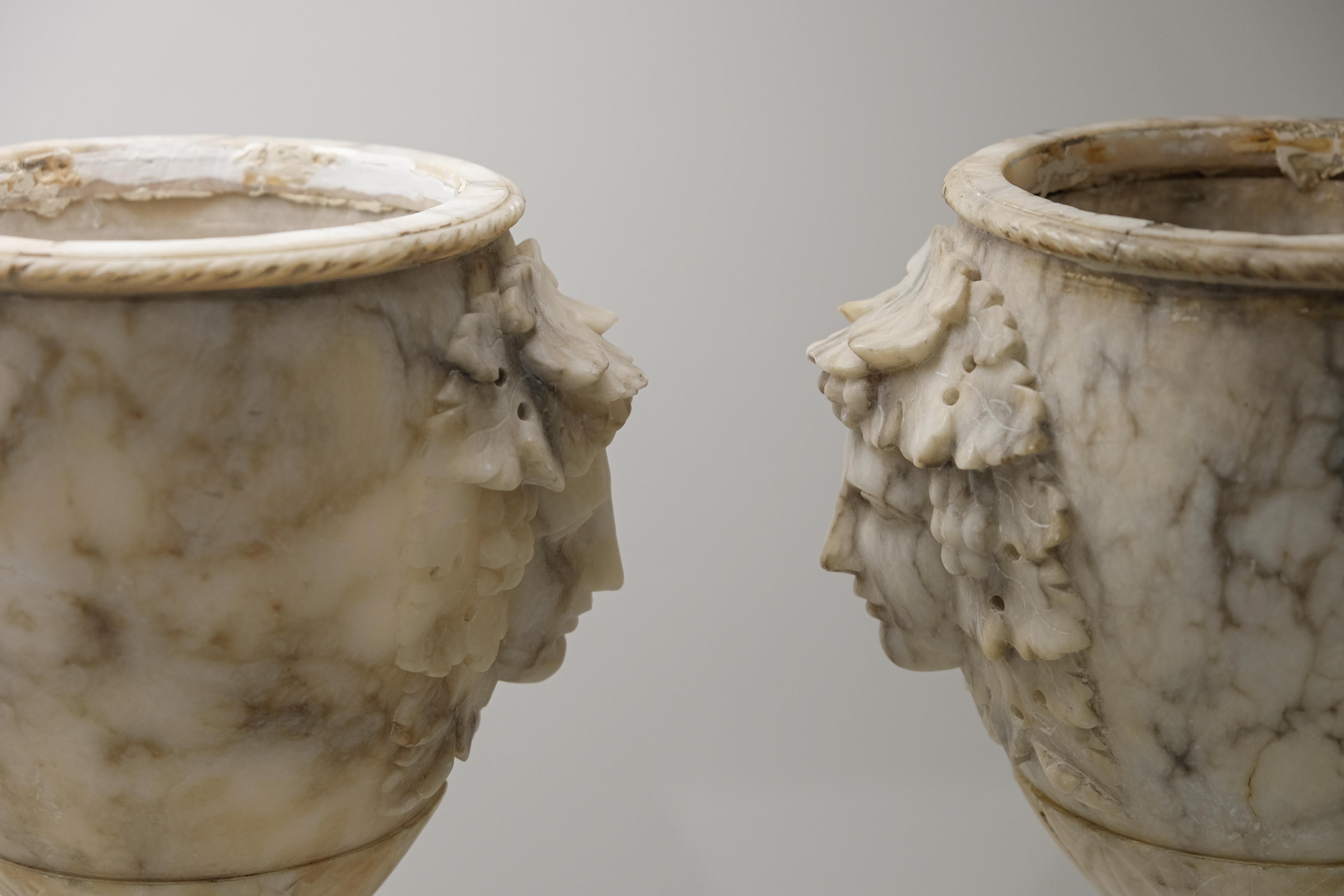 19th Century Pair of Alabaster Goblets with Dionysus Heads