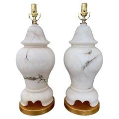 Pair of Alabaster Lidded Urn Table Lamps