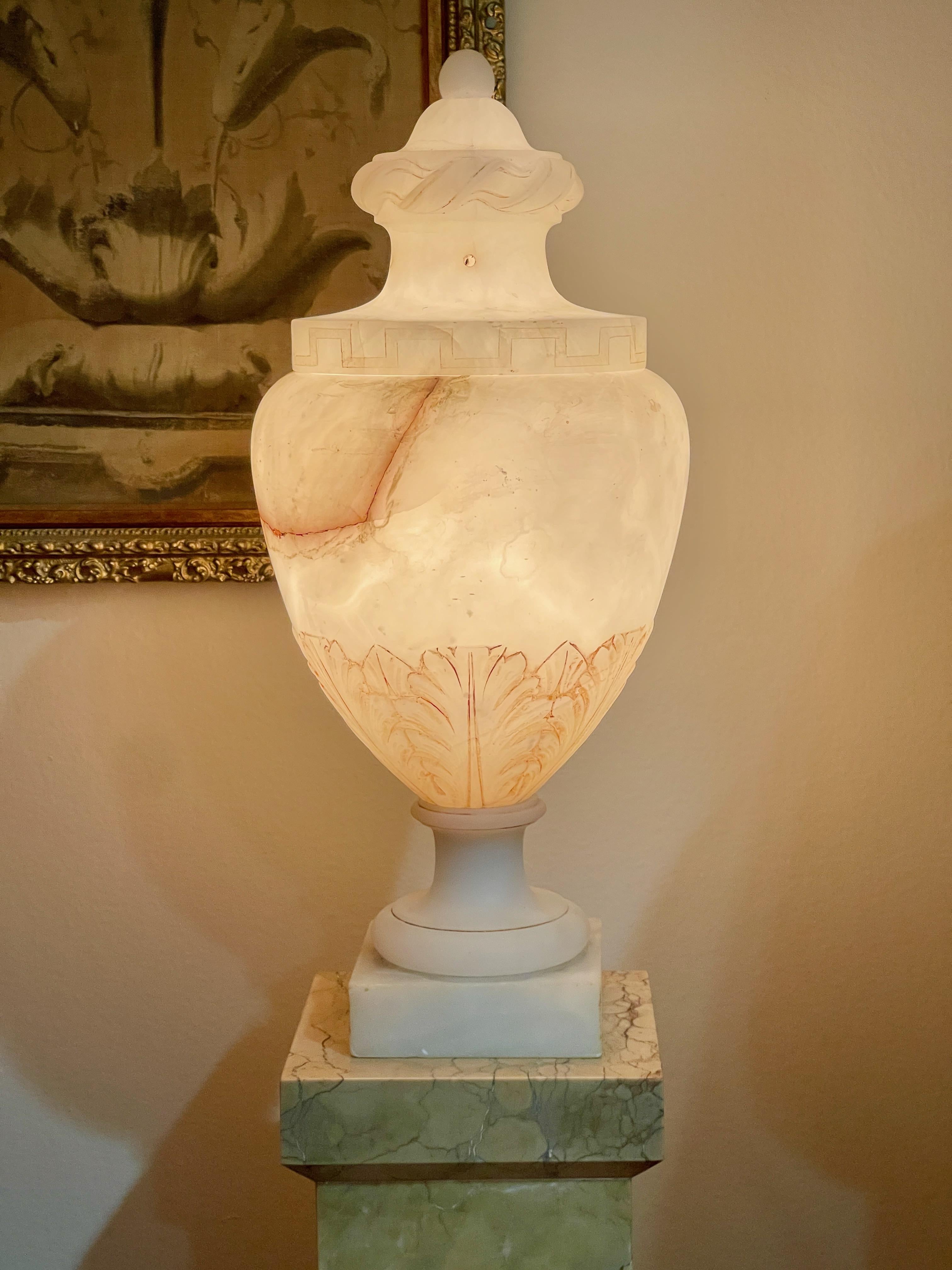 Pair of Alabaster Lidded Vase Lamps For Sale 6