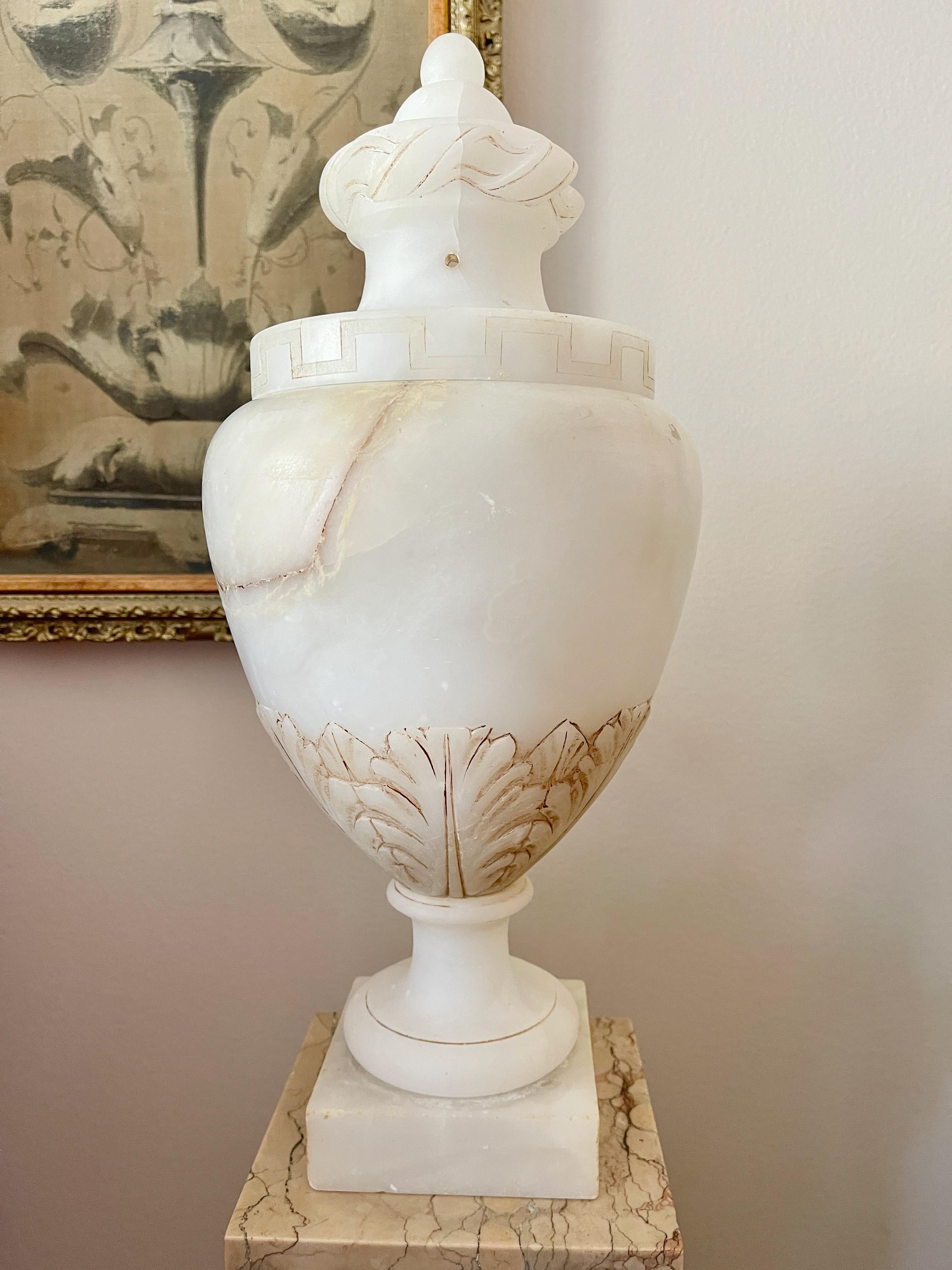 Pair of Alabaster Lidded Vase Lamps For Sale 7