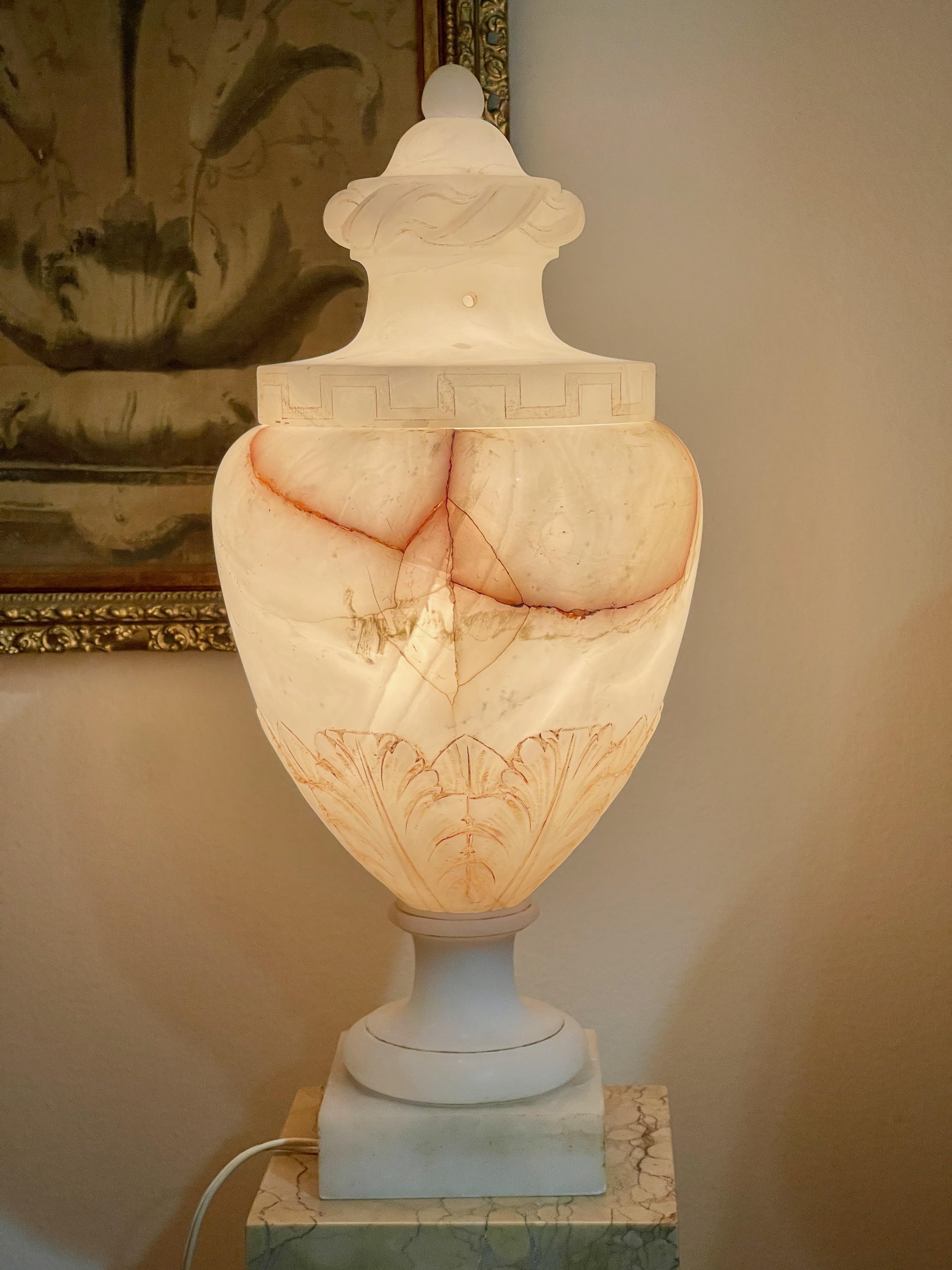 Pair of Alabaster Lidded Vase Lamps For Sale 8