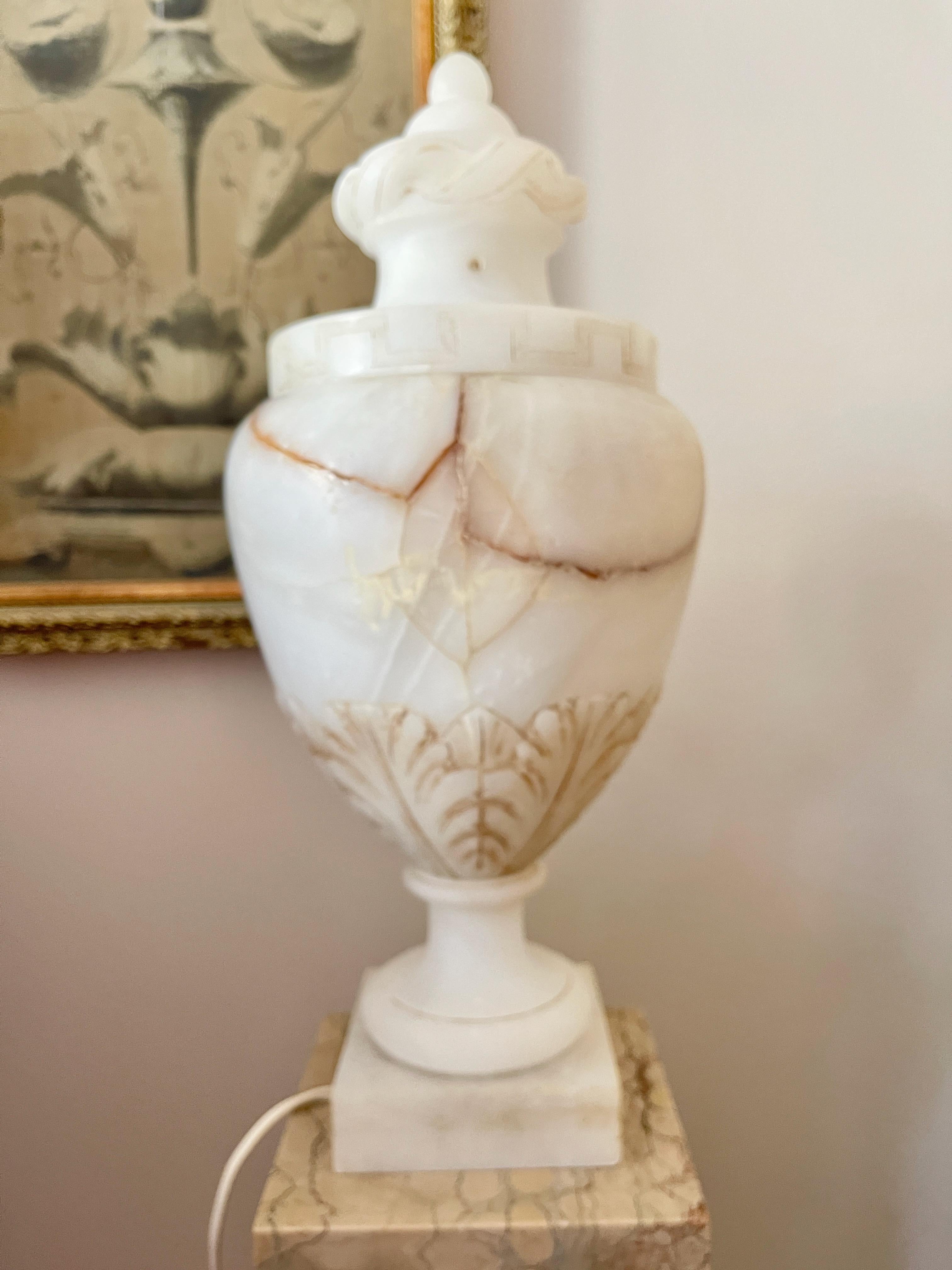 Pair of Alabaster Lidded Vase Lamps For Sale 9