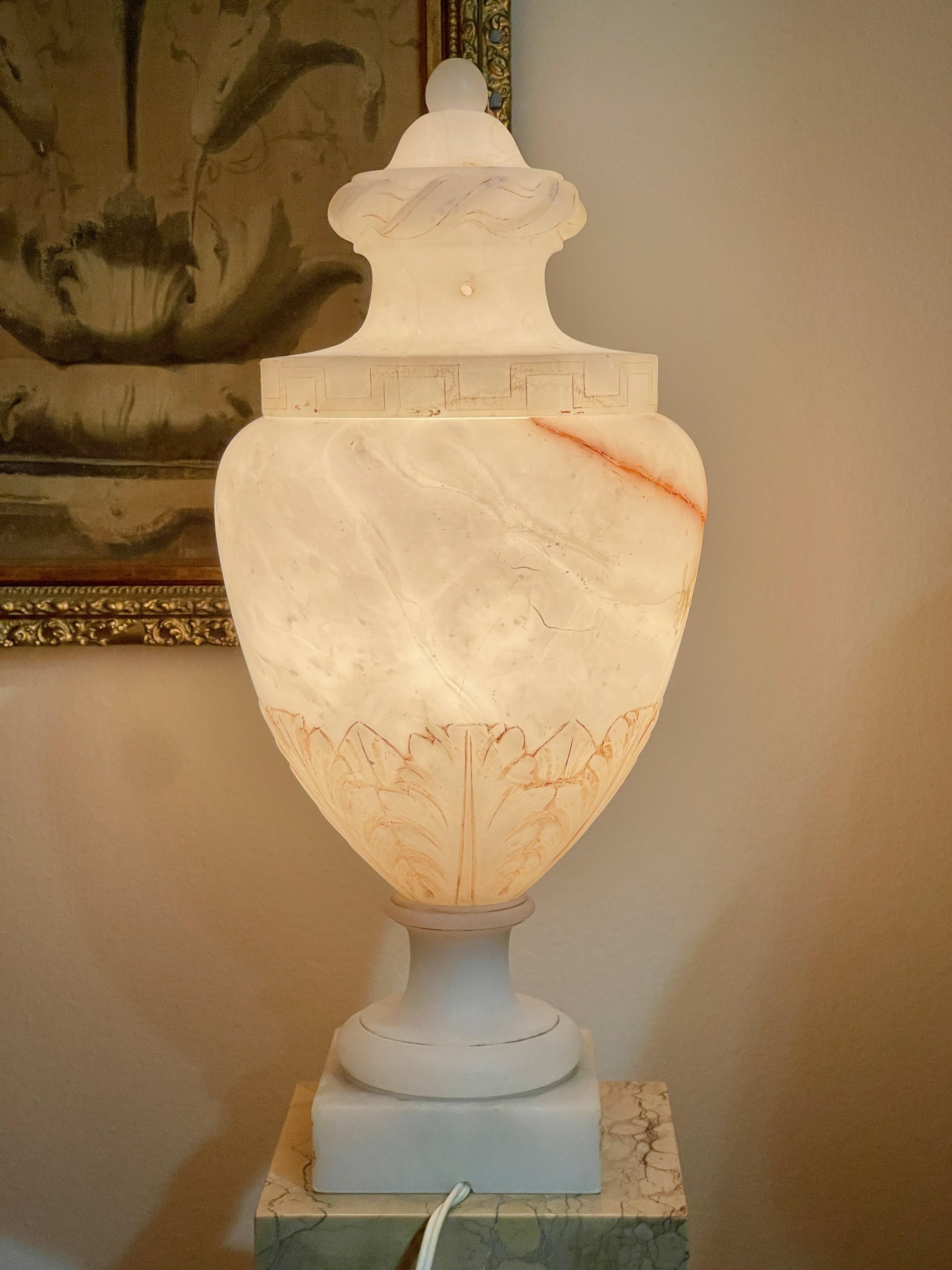 Pair of Alabaster Lidded Vase Lamps For Sale 10