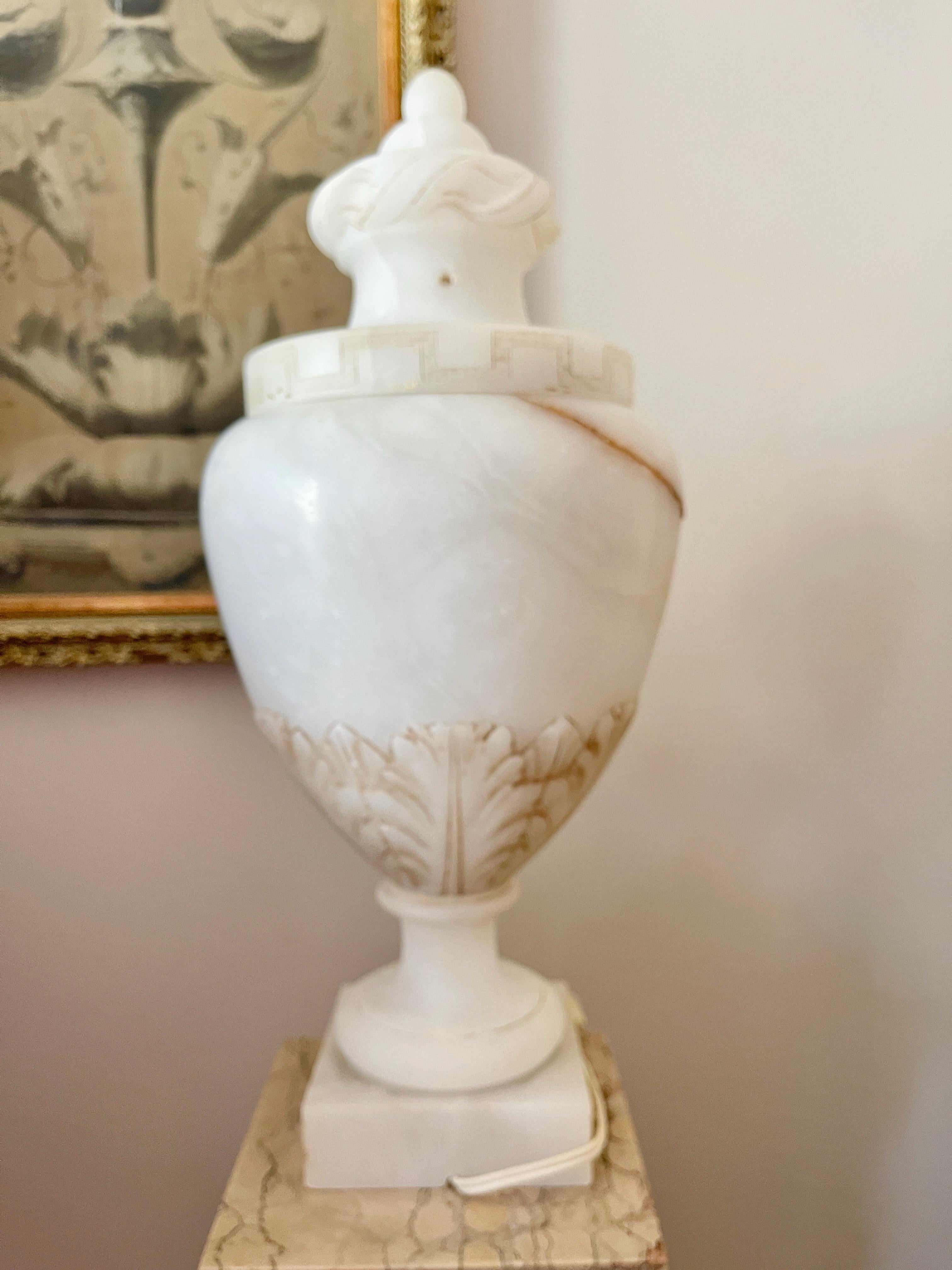 Pair of Alabaster Lidded Vase Lamps For Sale 11