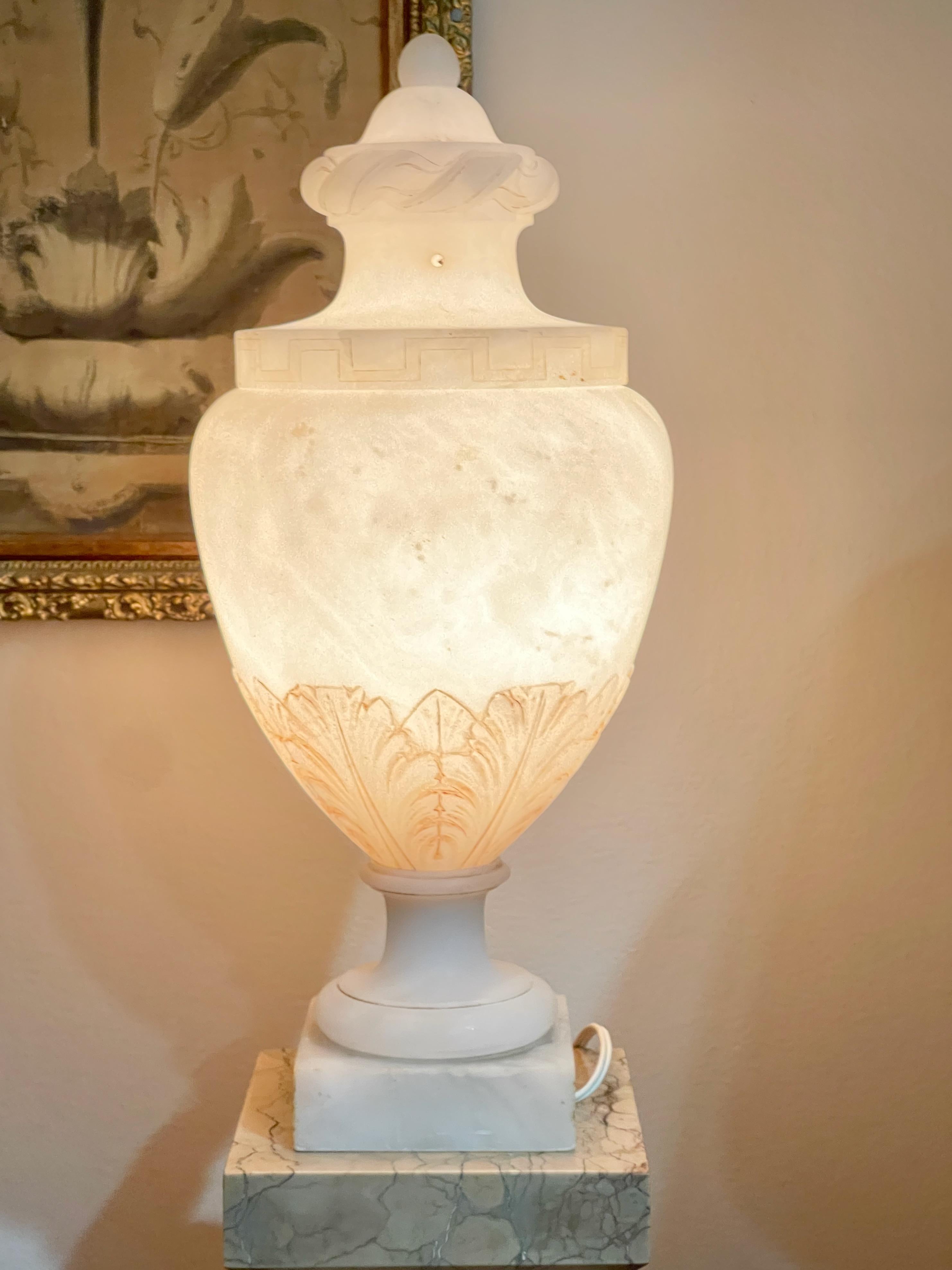 Pair of Alabaster Lidded Vase Lamps For Sale 12