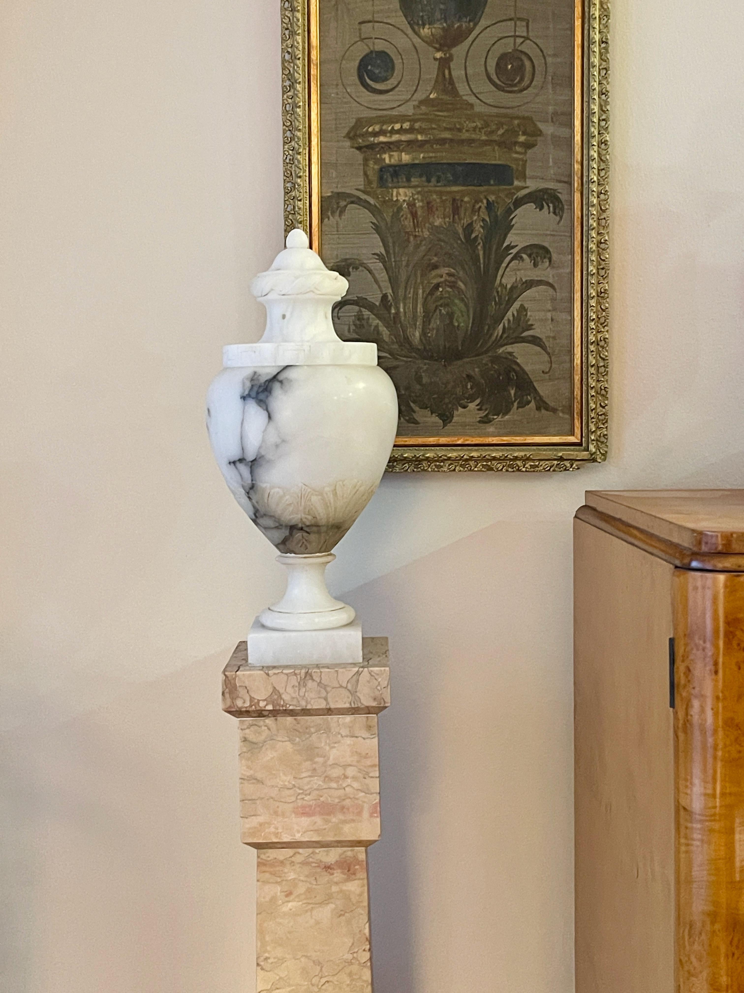 Art Deco Pair of Alabaster Lidded Vase Lamps For Sale