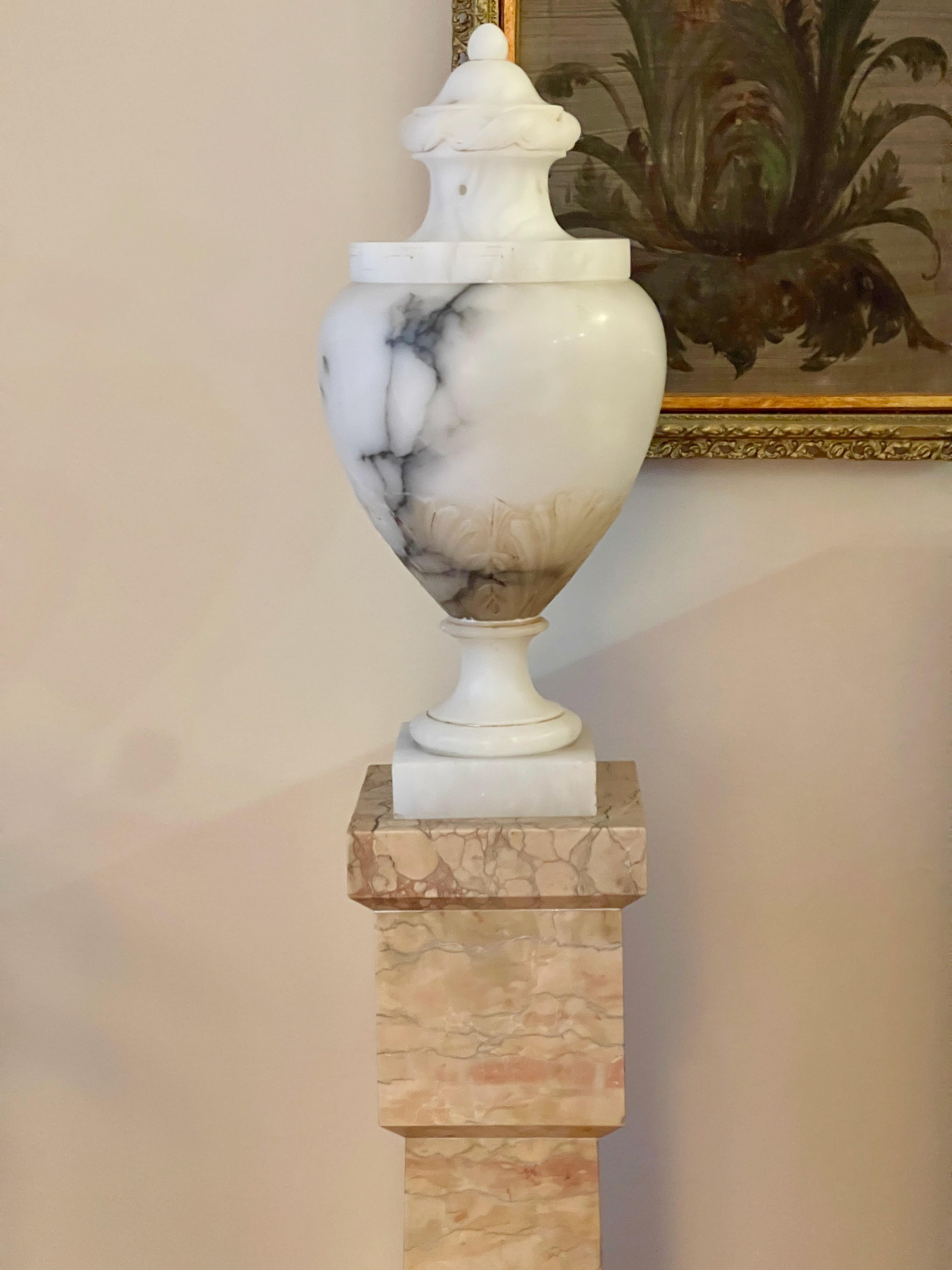 Italian Pair of Alabaster Lidded Vase Lamps For Sale