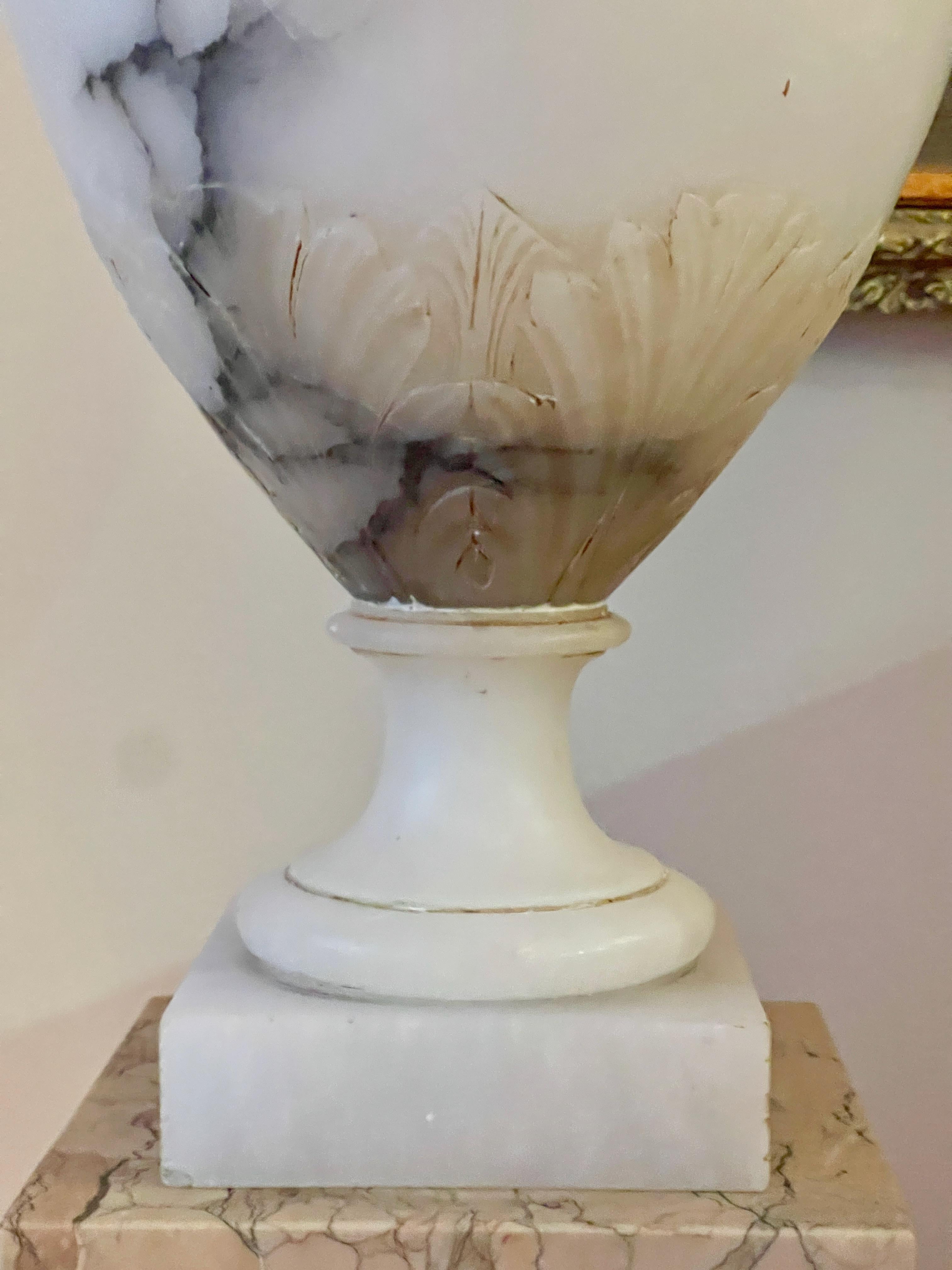 Pair of Alabaster Lidded Vase Lamps In Good Condition For Sale In Hanover, MA