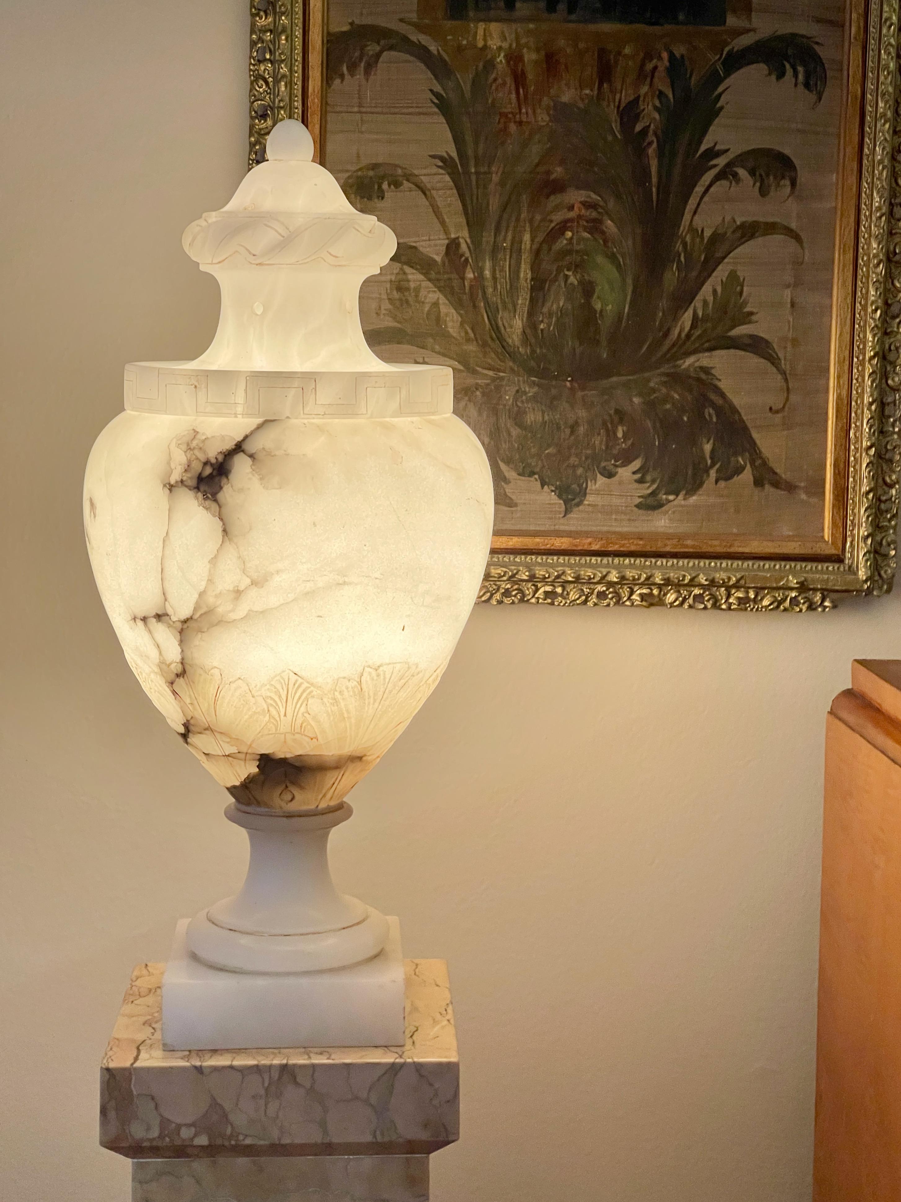 Pair of Alabaster Lidded Vase Lamps For Sale 1