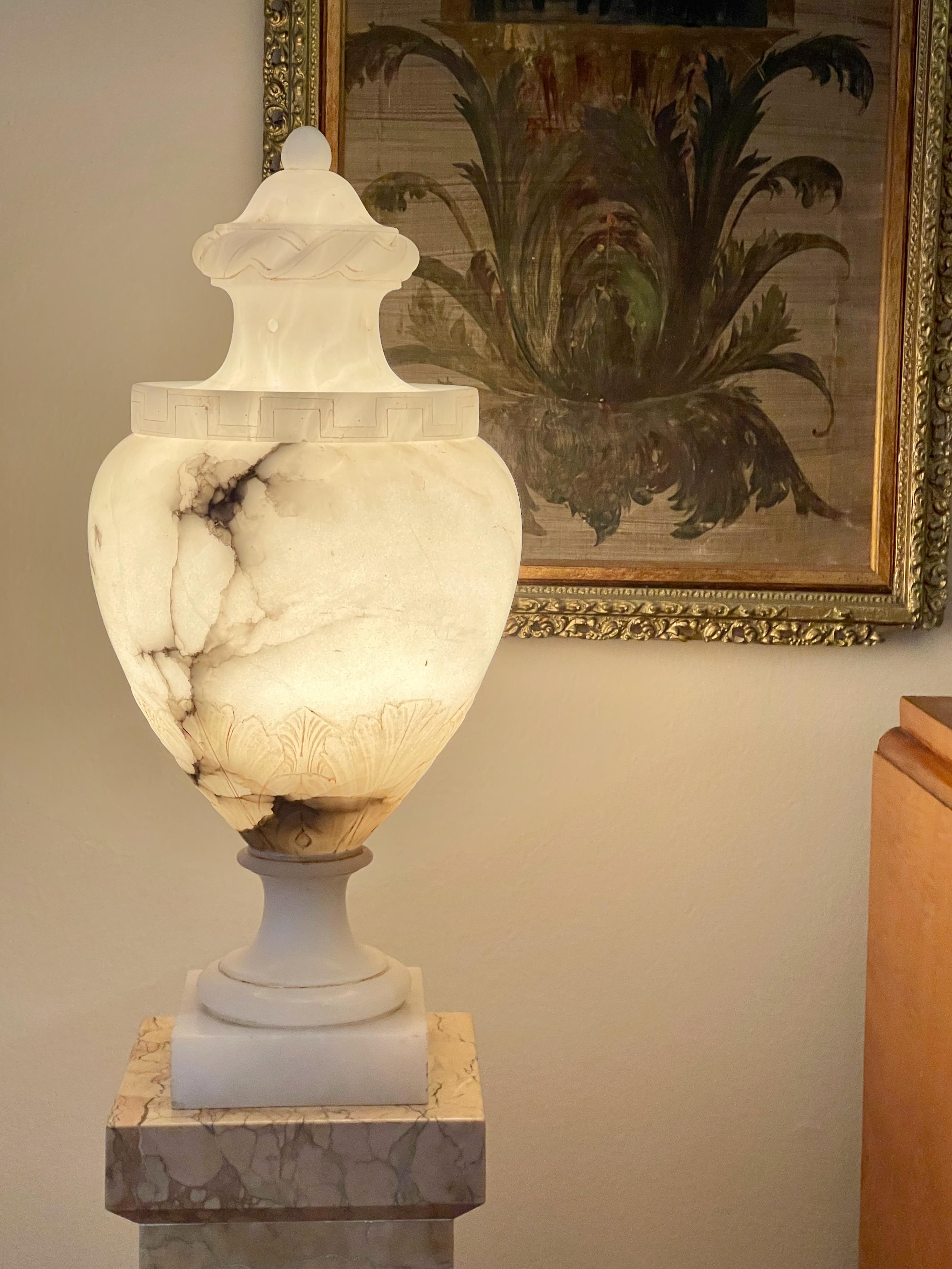 Pair of Alabaster Lidded Vase Lamps 1