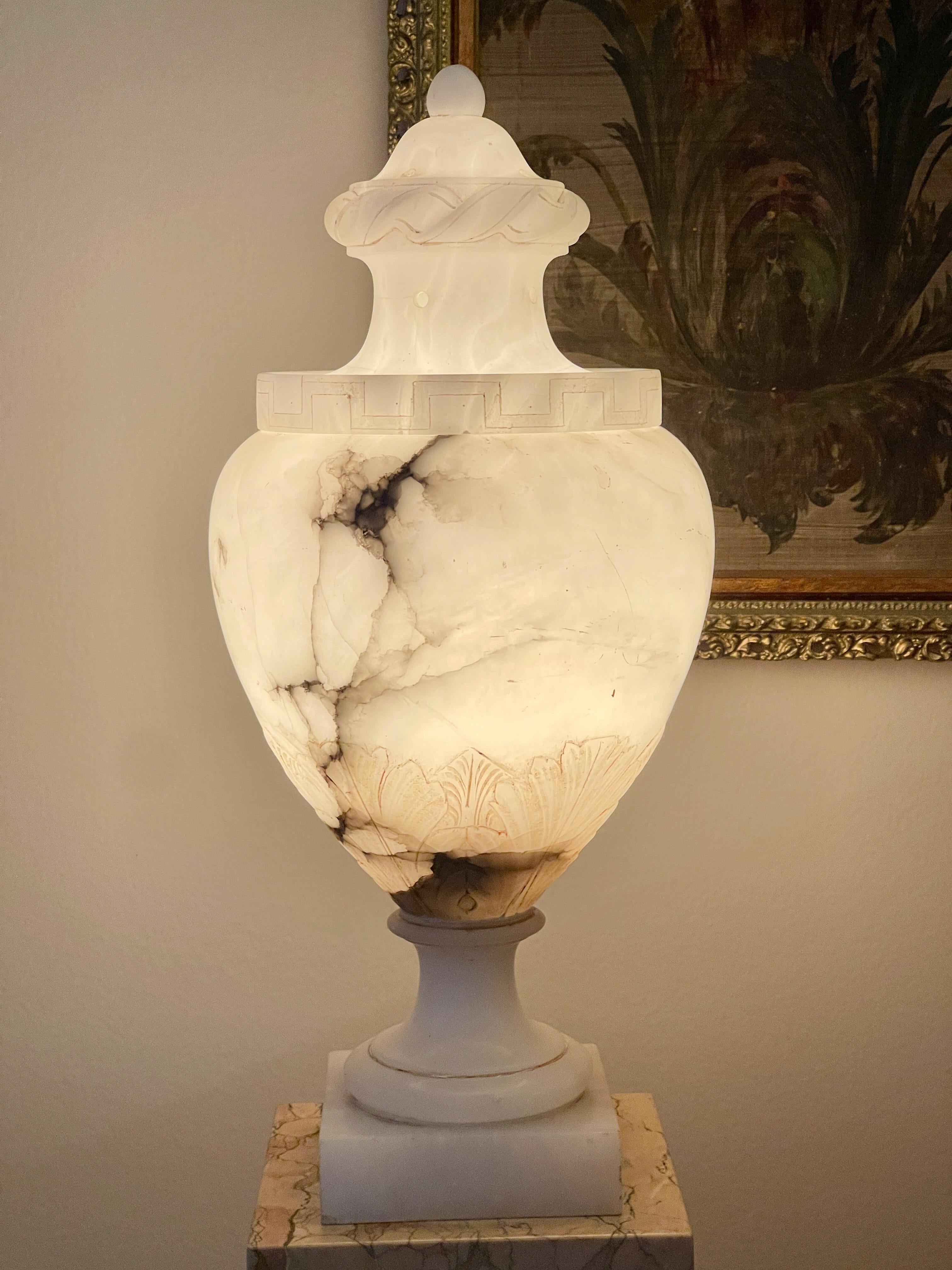 Pair of Alabaster Lidded Vase Lamps For Sale 2