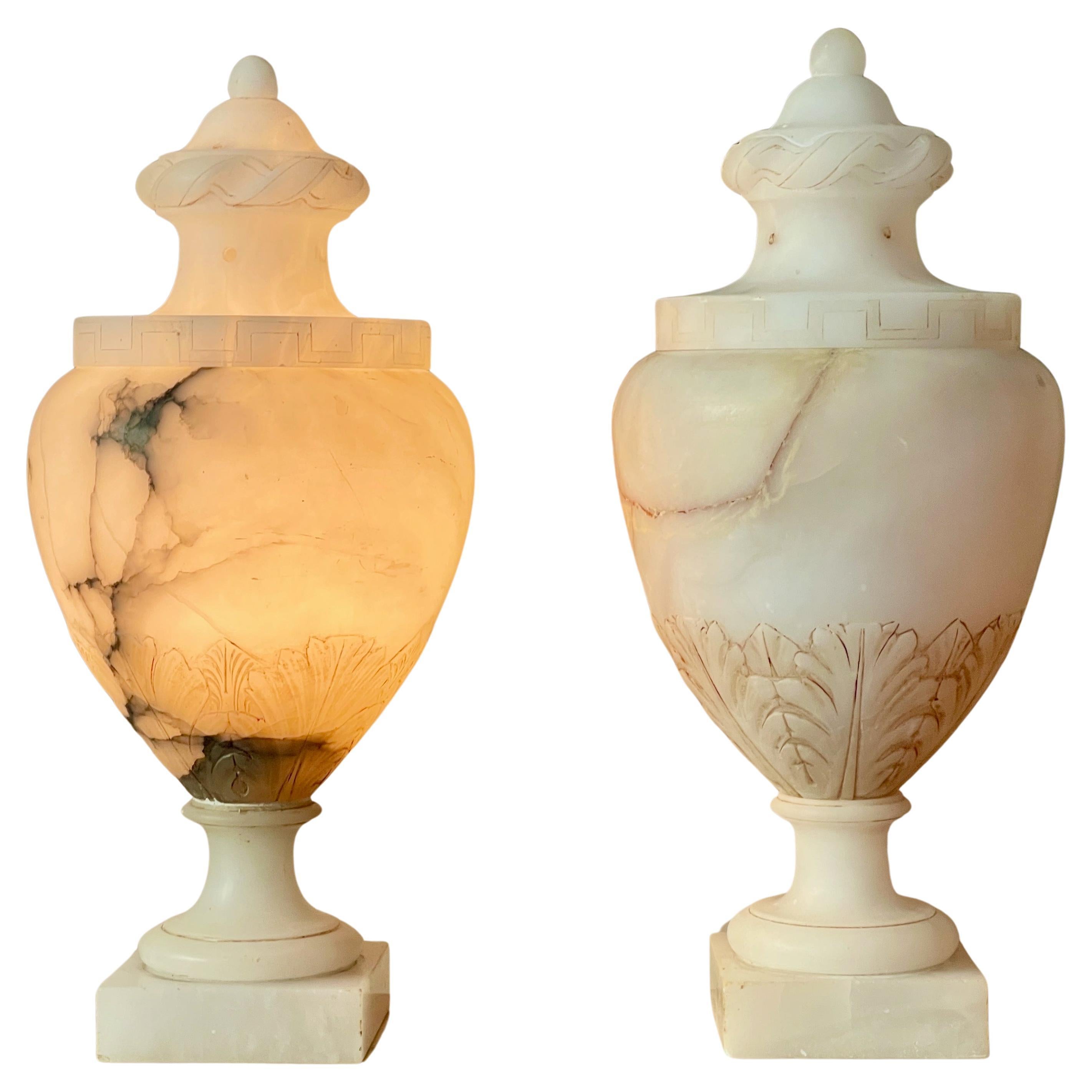 Pair of Alabaster Lidded Vase Lamps For Sale