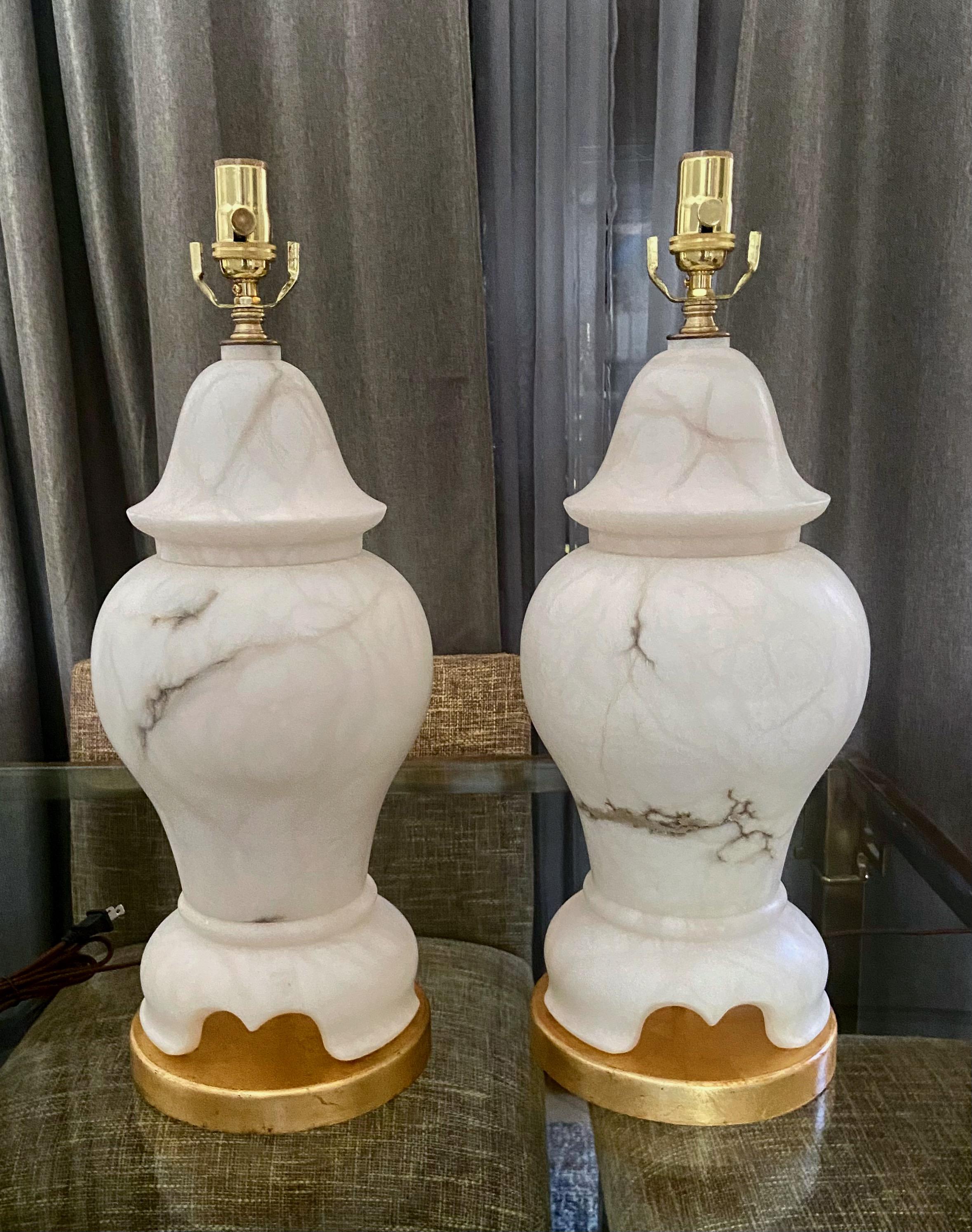 Pair of Alabaster Lidded Urn Table Lamps For Sale 13