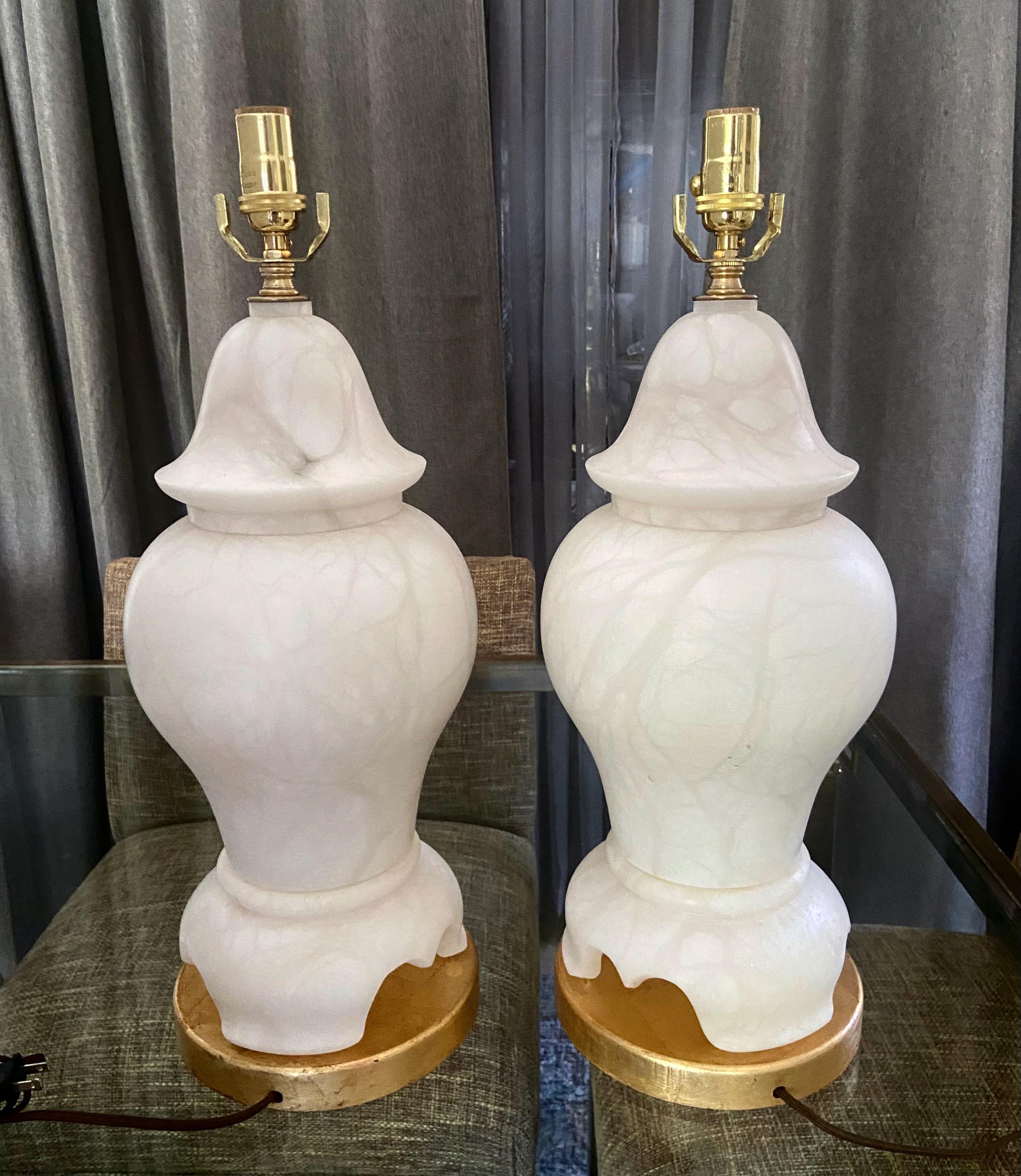 Pair of Alabaster Lidded Urn Table Lamps For Sale 1