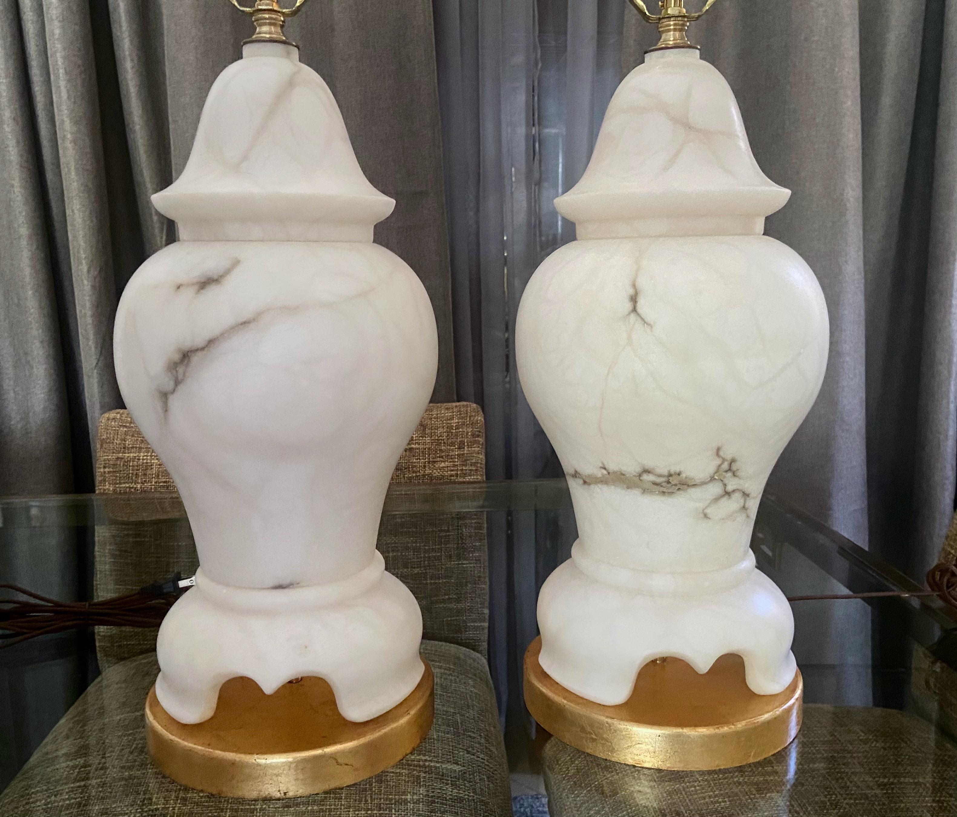 Pair of Alabaster Lidded Urn Table Lamps For Sale 7