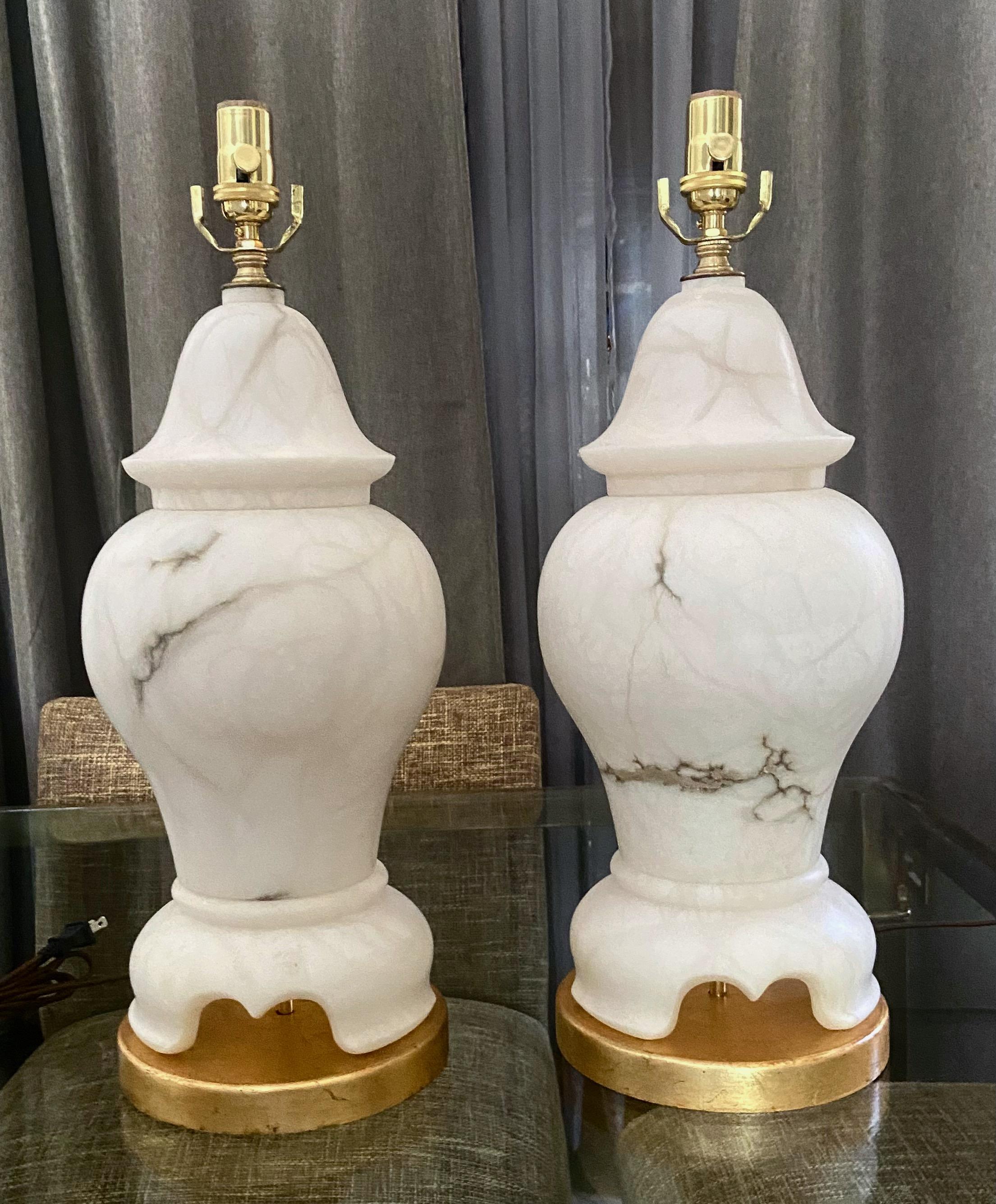 European Pair of Alabaster Lidded Urn Table Lamps For Sale