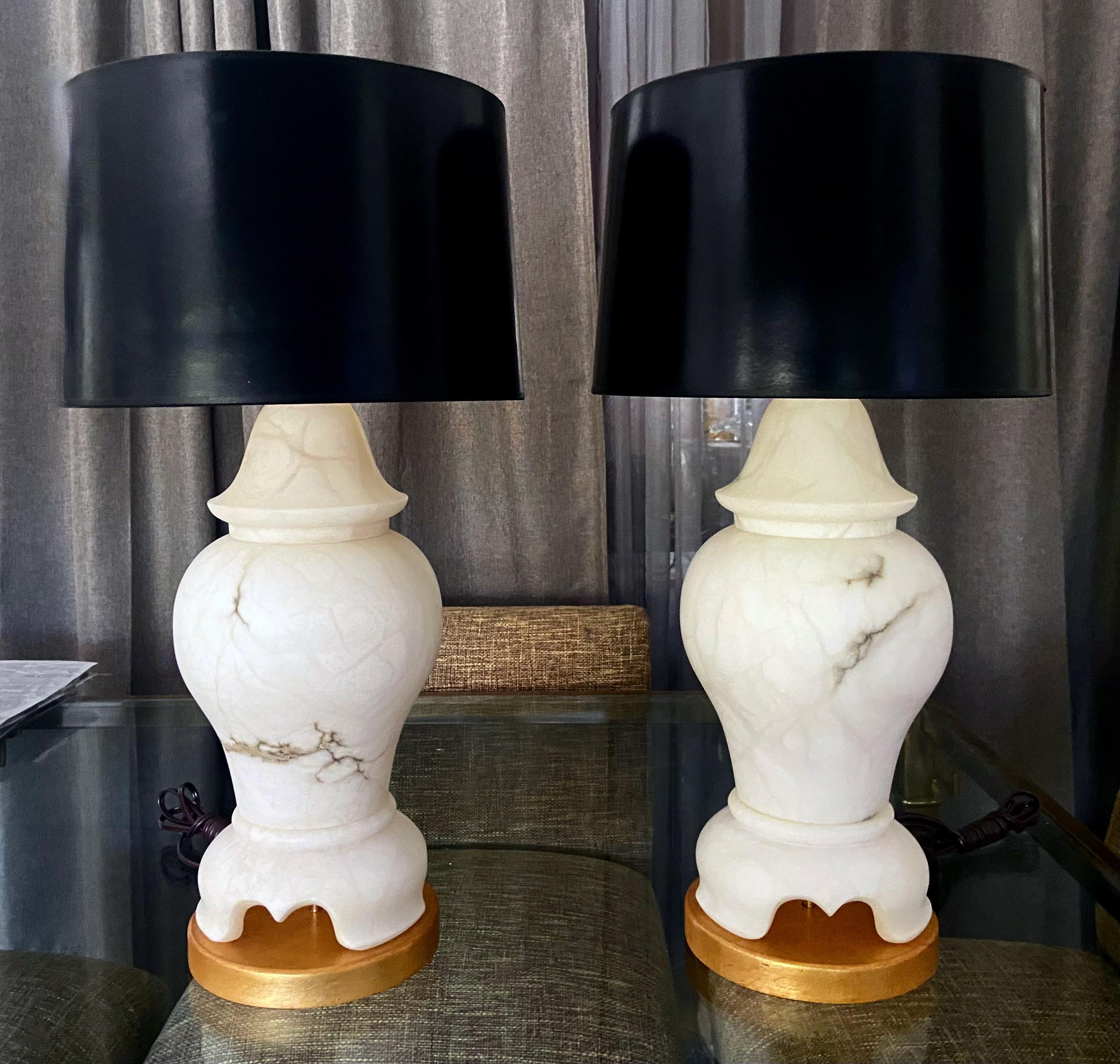 Pair of Alabaster Lidded Urn Table Lamps For Sale 12
