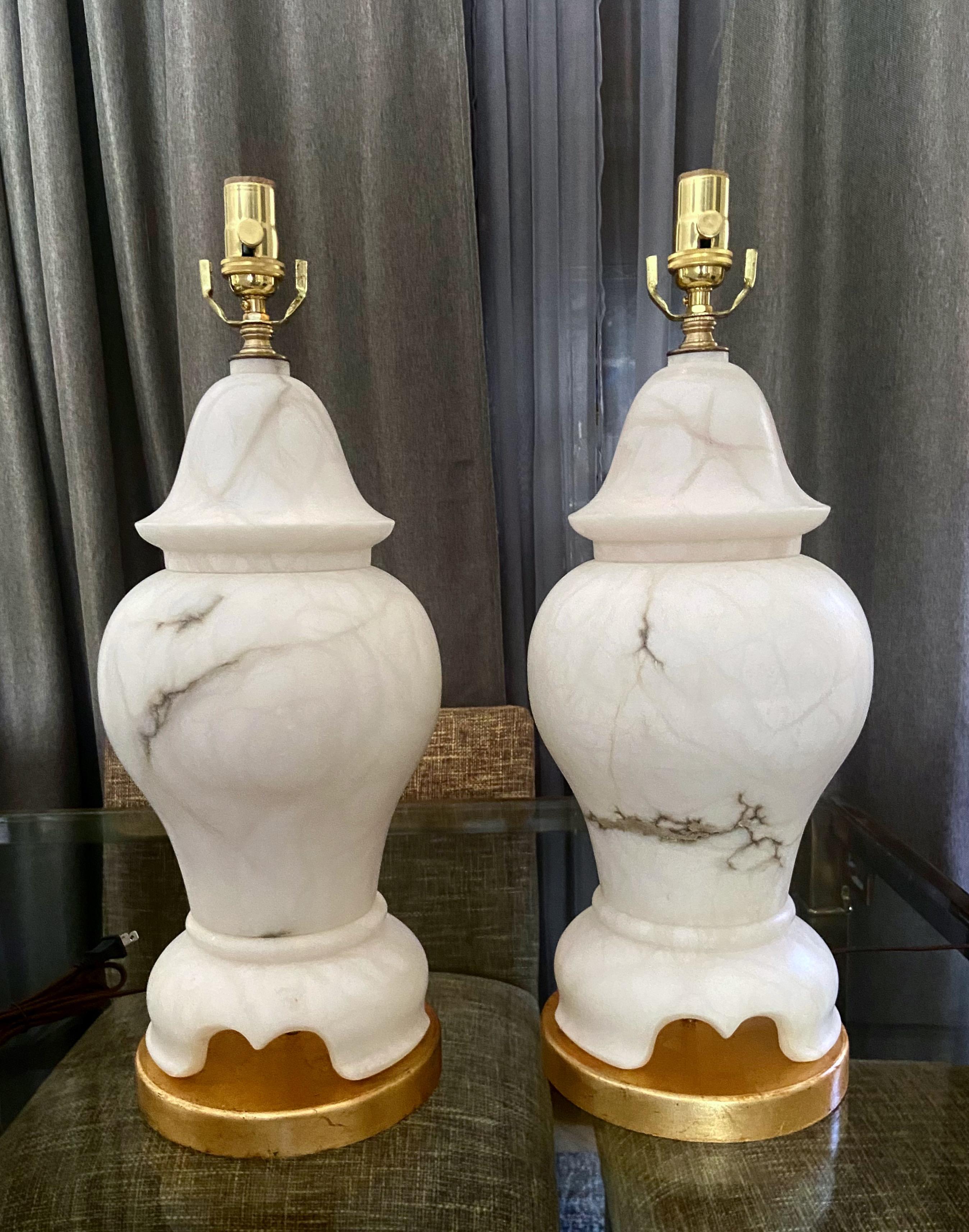 Pair of Alabaster Lidded Urn Table Lamps In Good Condition For Sale In Palm Springs, CA