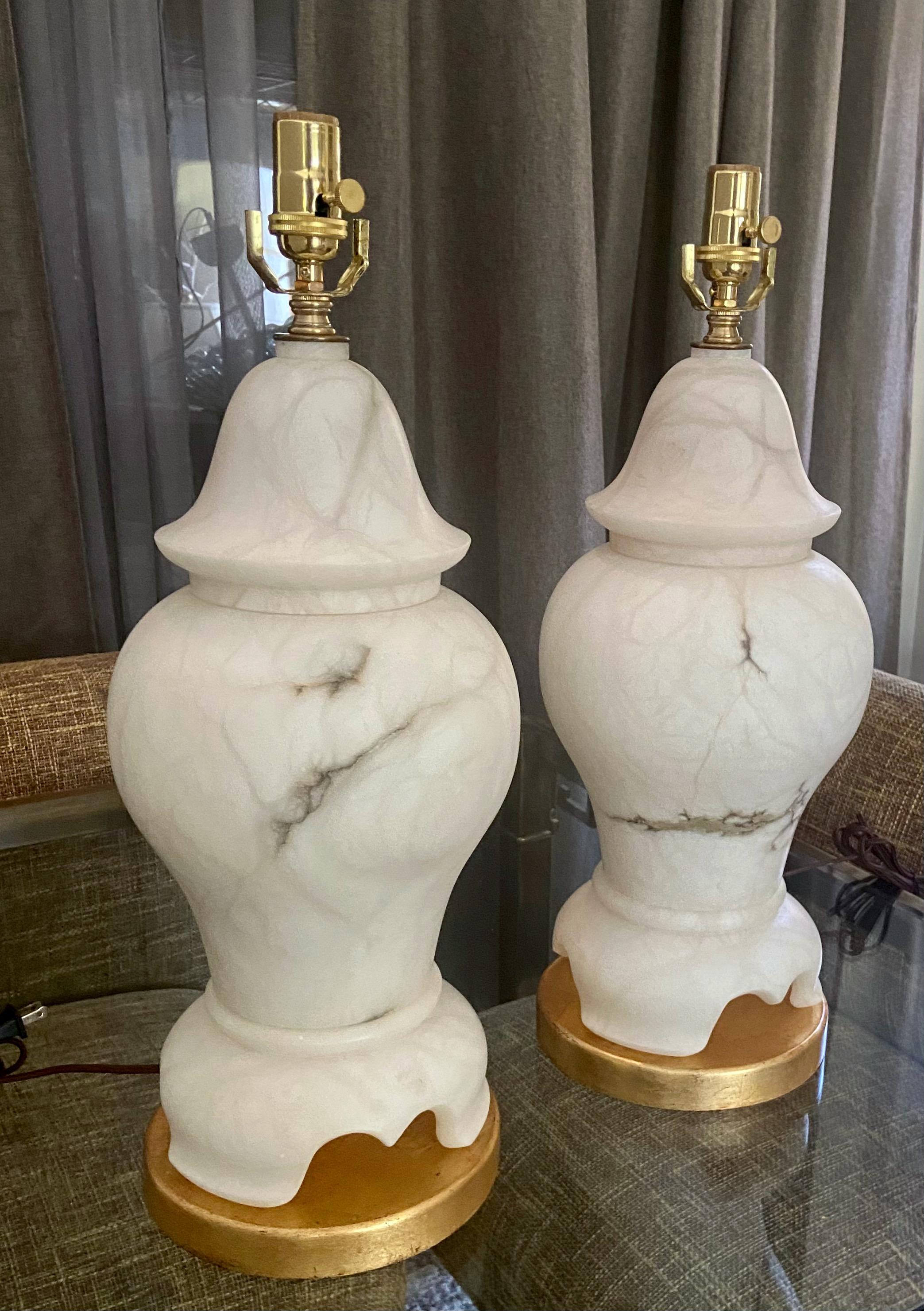 Mid-20th Century Pair of Alabaster Lidded Urn Table Lamps For Sale