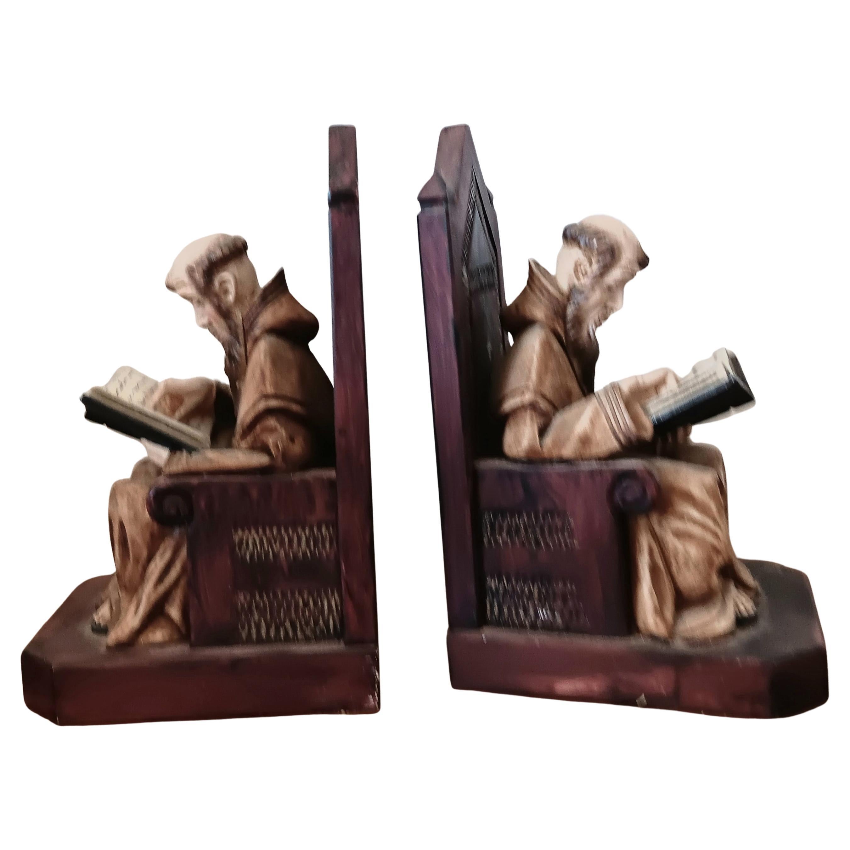 Alabaster Bookends Polycrhome in Form of Medieval Library .Monk, Very Original