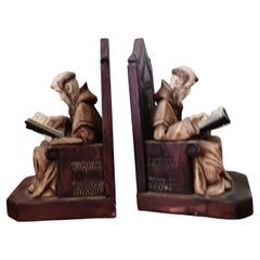 Alabaster Bookends Polycrhome in Form of Medieval Library .Monk, Very Original