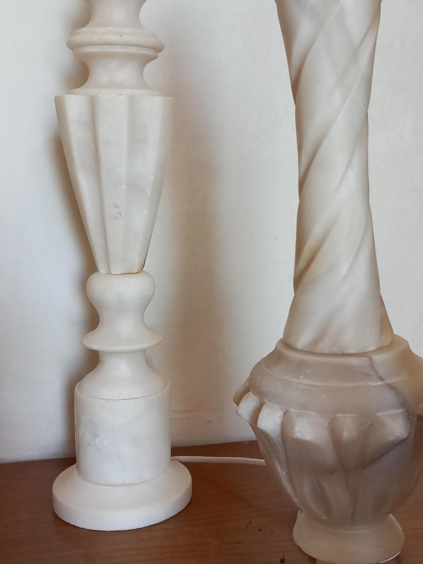 Carved  Art Deco  Large Pair of Alabaster Marble Table Lamps White Color. Italy 40s