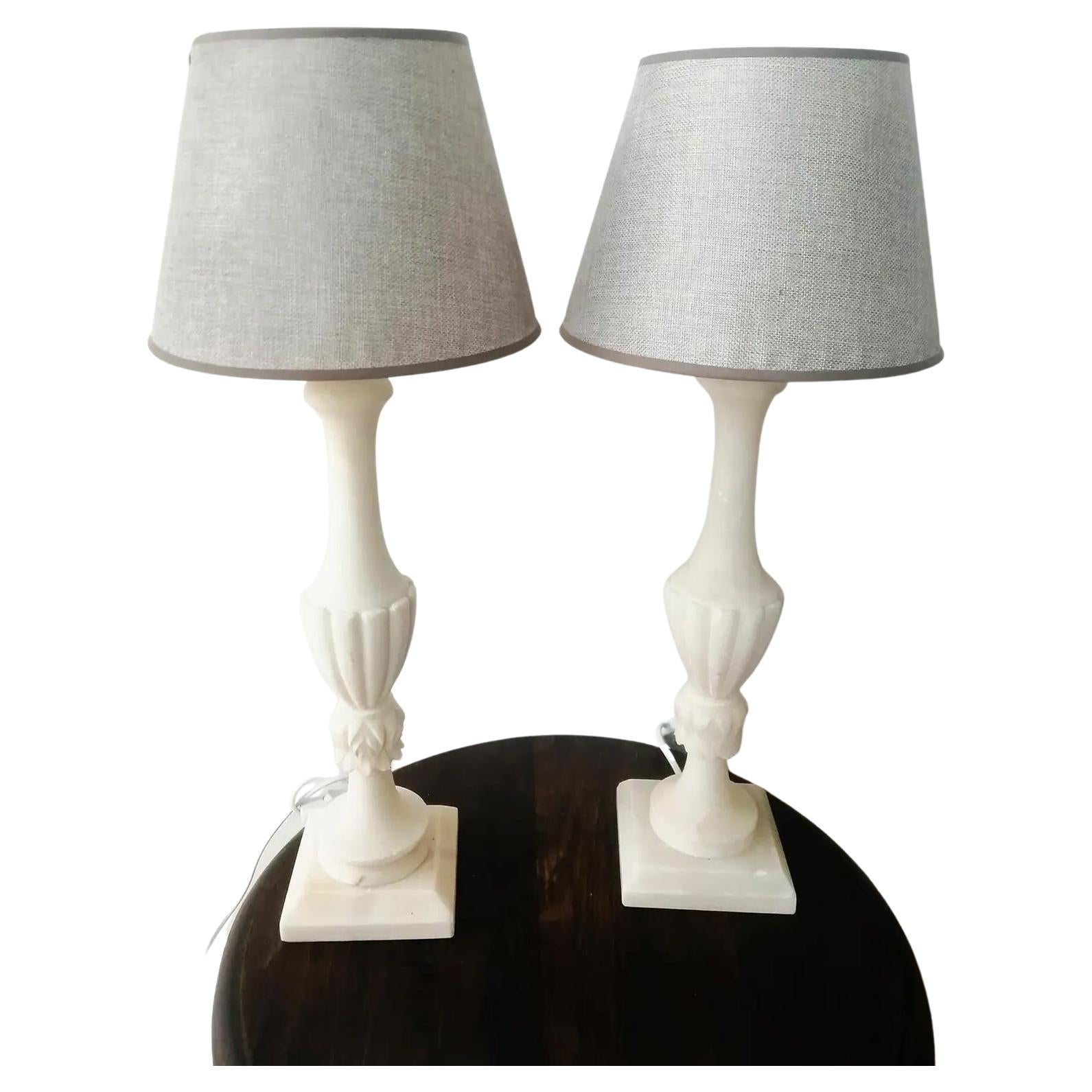 Pair of Alabaster Marble Large Table Lamps White Color For Sale at 1stDibs