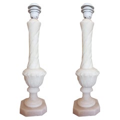 Art Deco Large Pair of Alabaster Marble Table Lamps White Color. Italy 40s