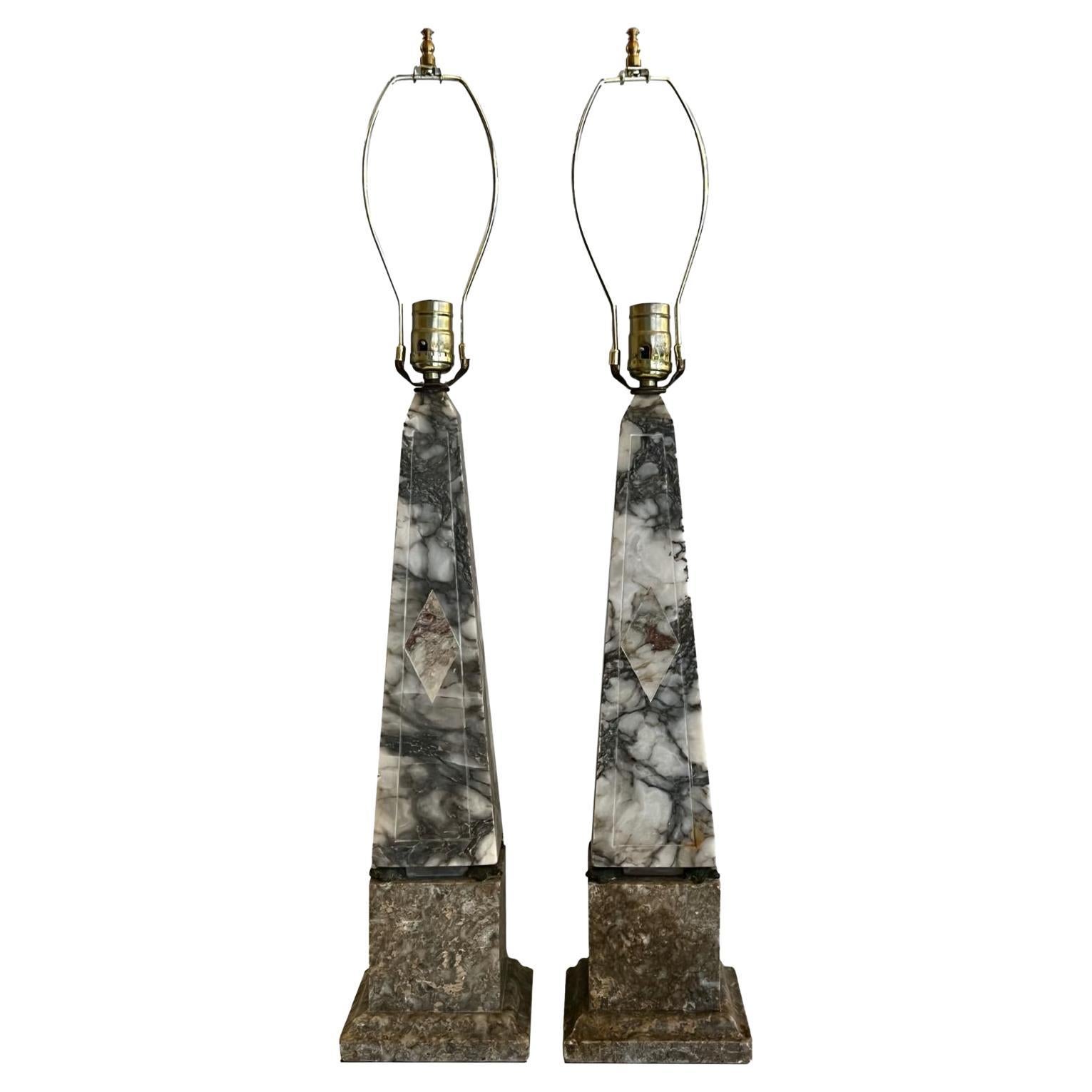 Pair of Alabaster Obelisk Lamps
