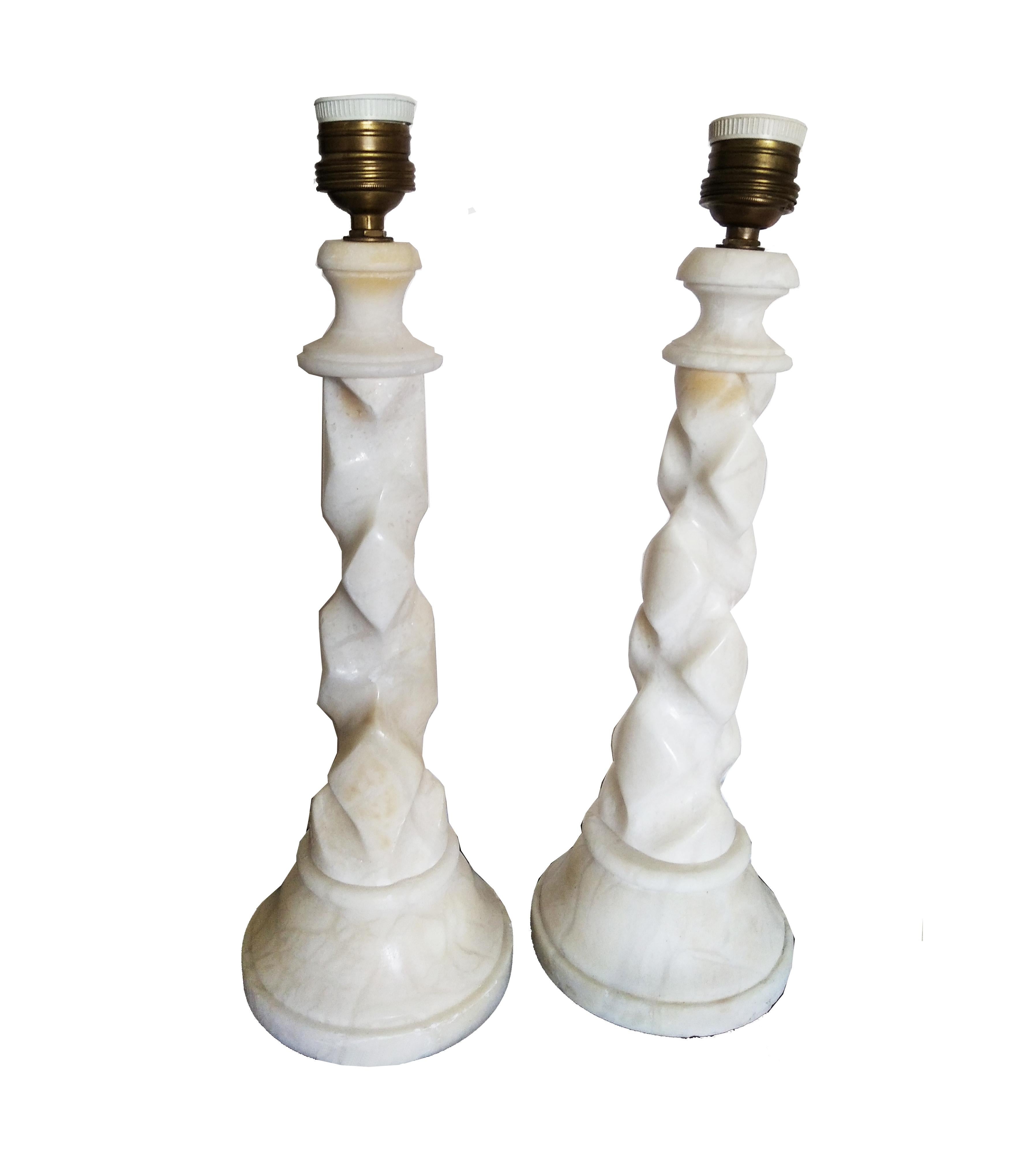 Art Deco Pair of Alabaster Table Lamps, Italy, Mid-20th Century