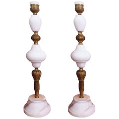  Pair of  Large Alabaster or Marble Table Lamps, White Color Art Deco, Italy