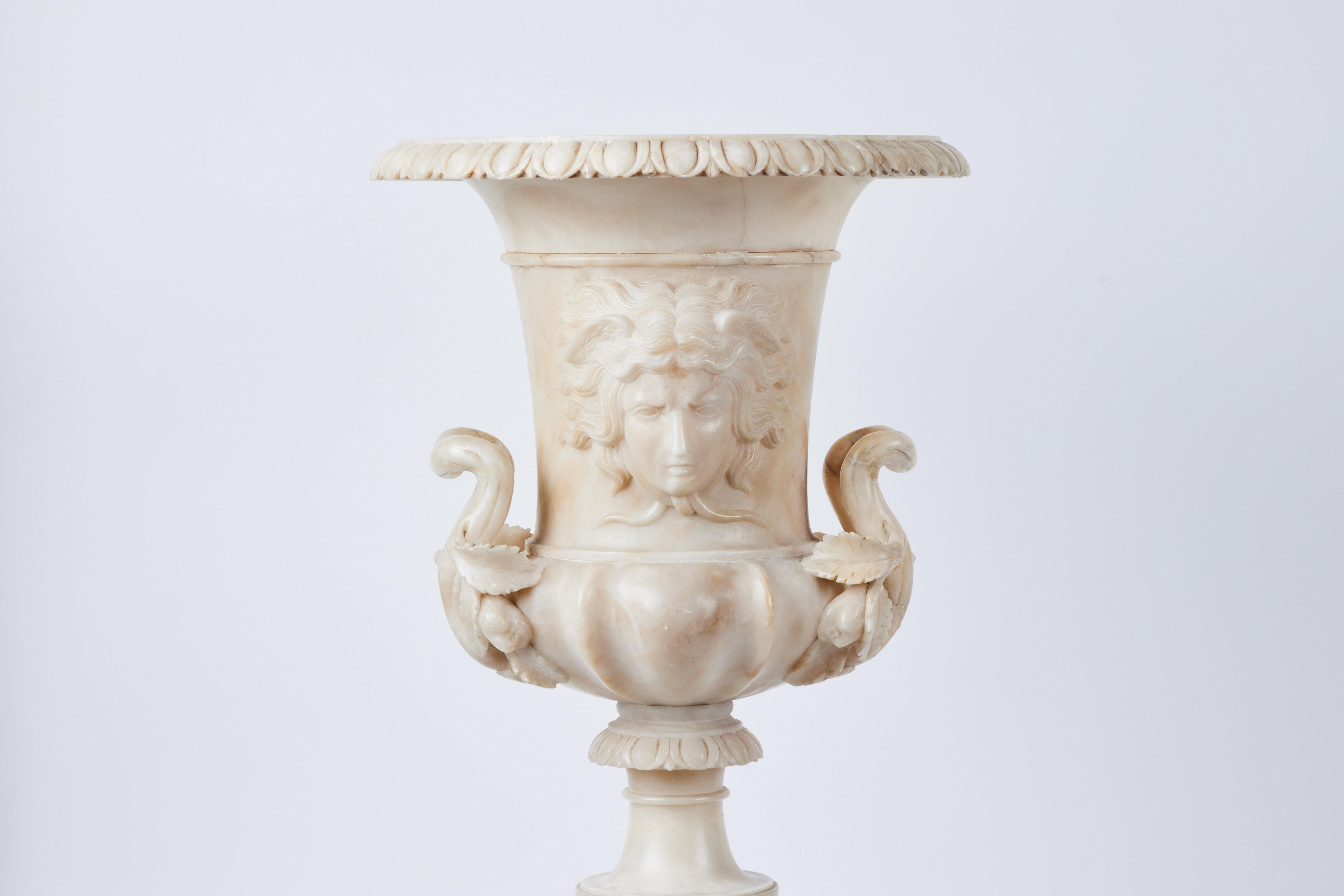 Hand-Carved Pair of Alabaster Urns For Sale