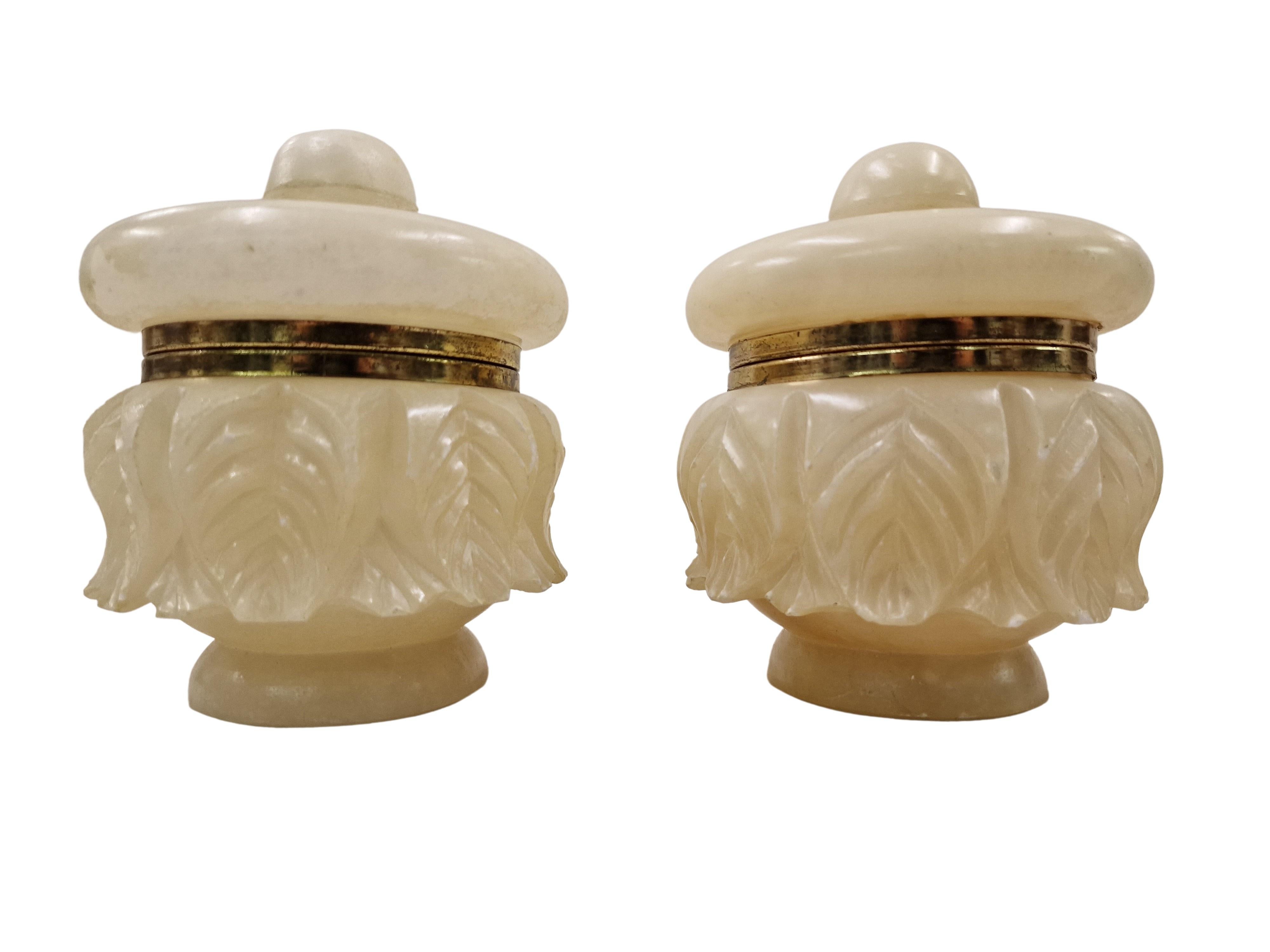 Hand-Carved Pair of Alabaster Urns / Lidded Boxes, Hand Carved, 1920s, Italy